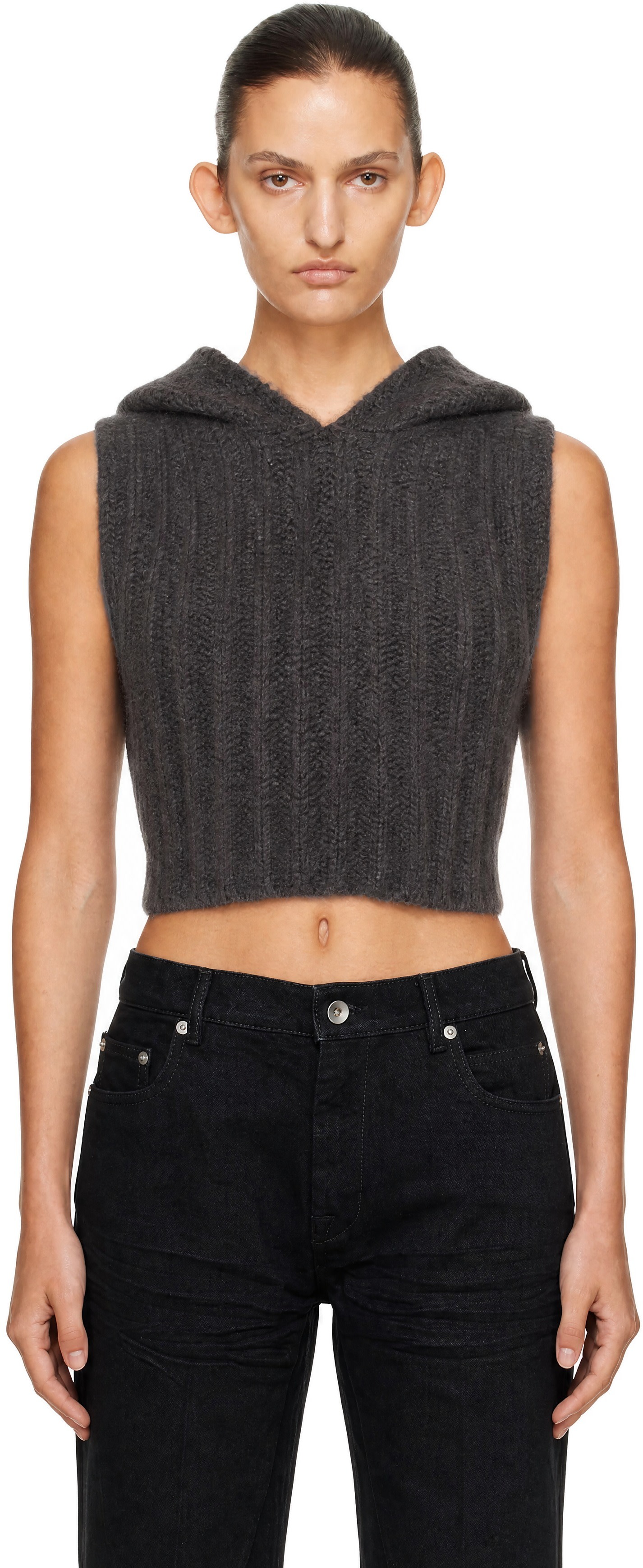 Rick Owens - Pull à capuche écourté sans manches gris - Tower