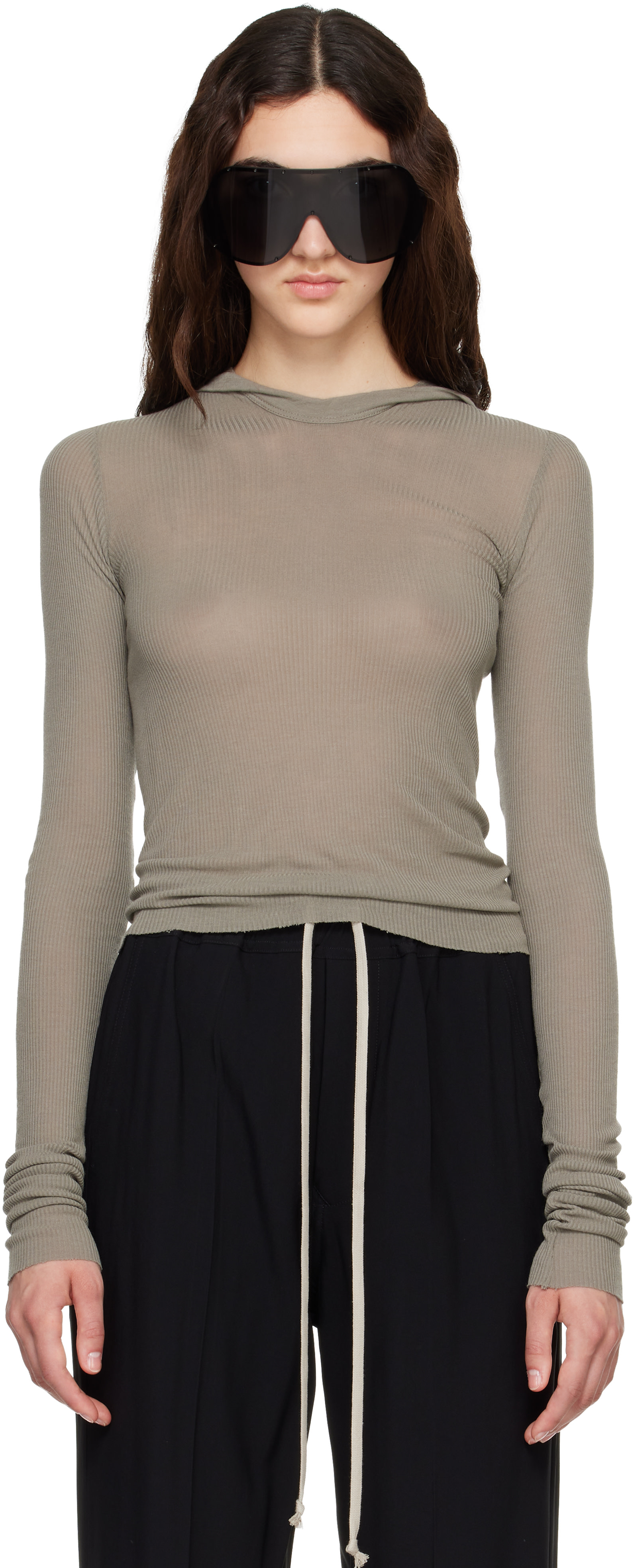 Rick Owens: Taupe Tower Cropped Hooded Rib LS T-shirt | SSENSE Canada