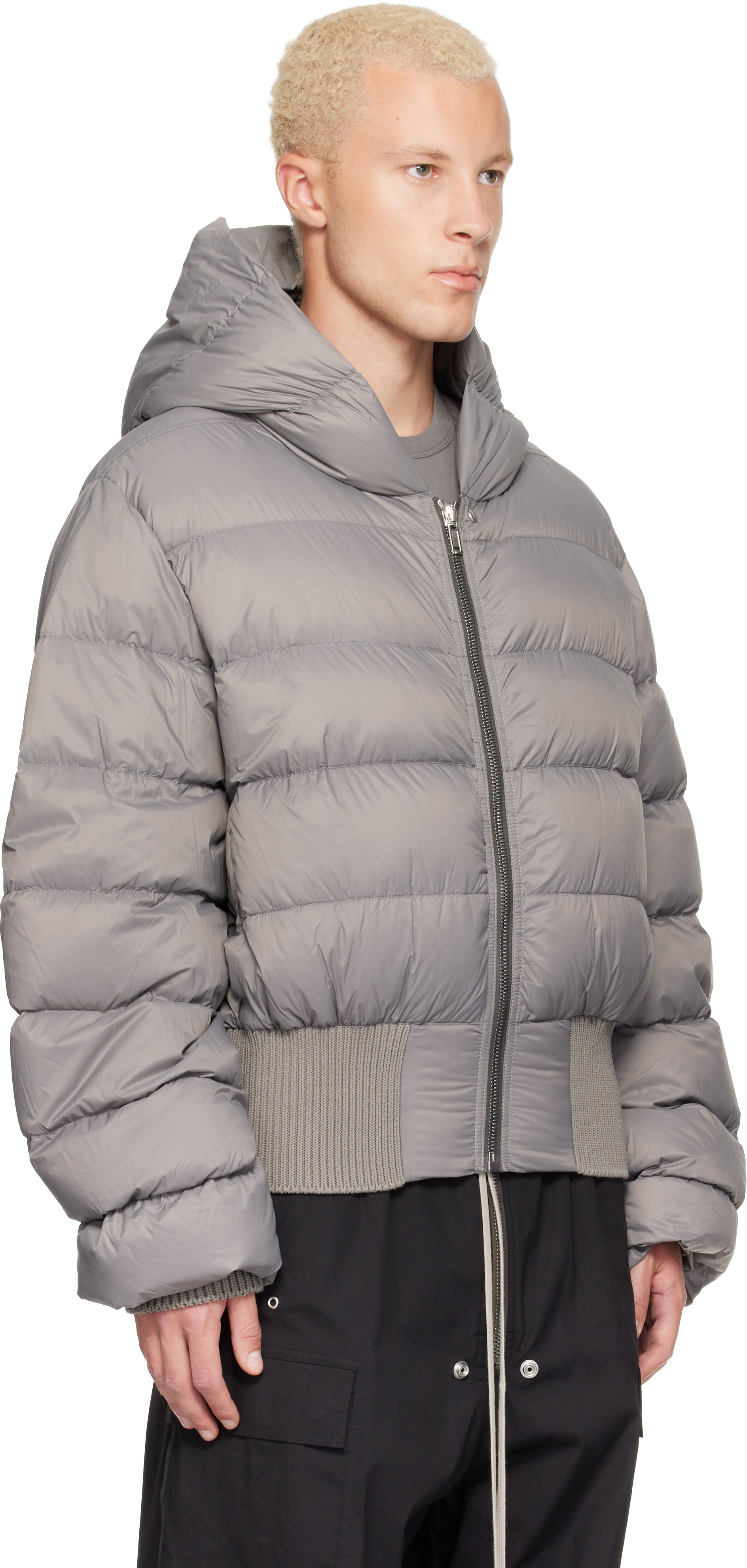 Rick Owens: Gray Tower Nylon Duvet Hooded Down Jacket | SSENSE