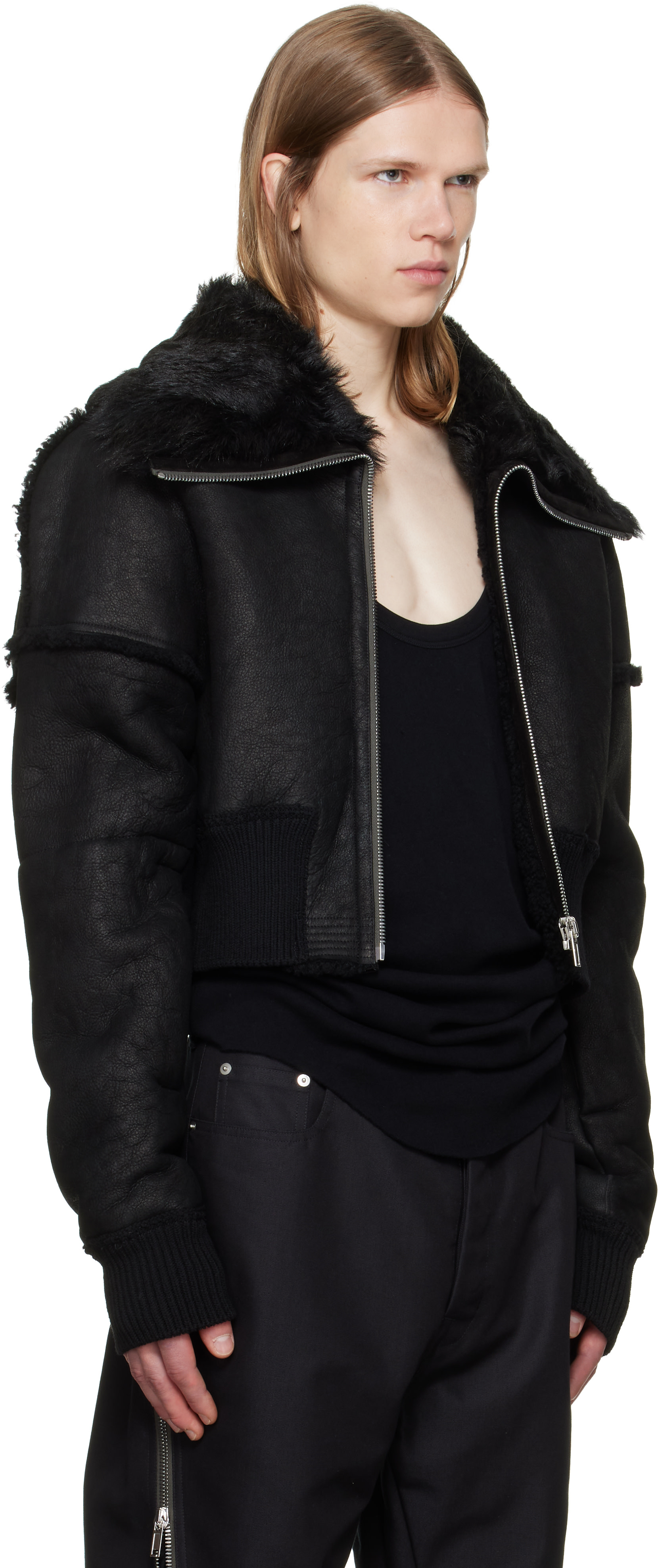Rick Owens - Black Tower Flight Cropped Leather Jacket