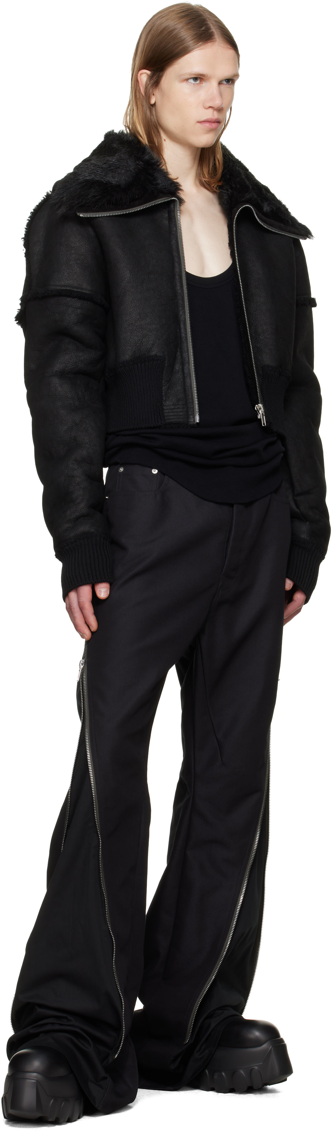Rick Owens - Black Tower Flight Cropped Leather Jacket
