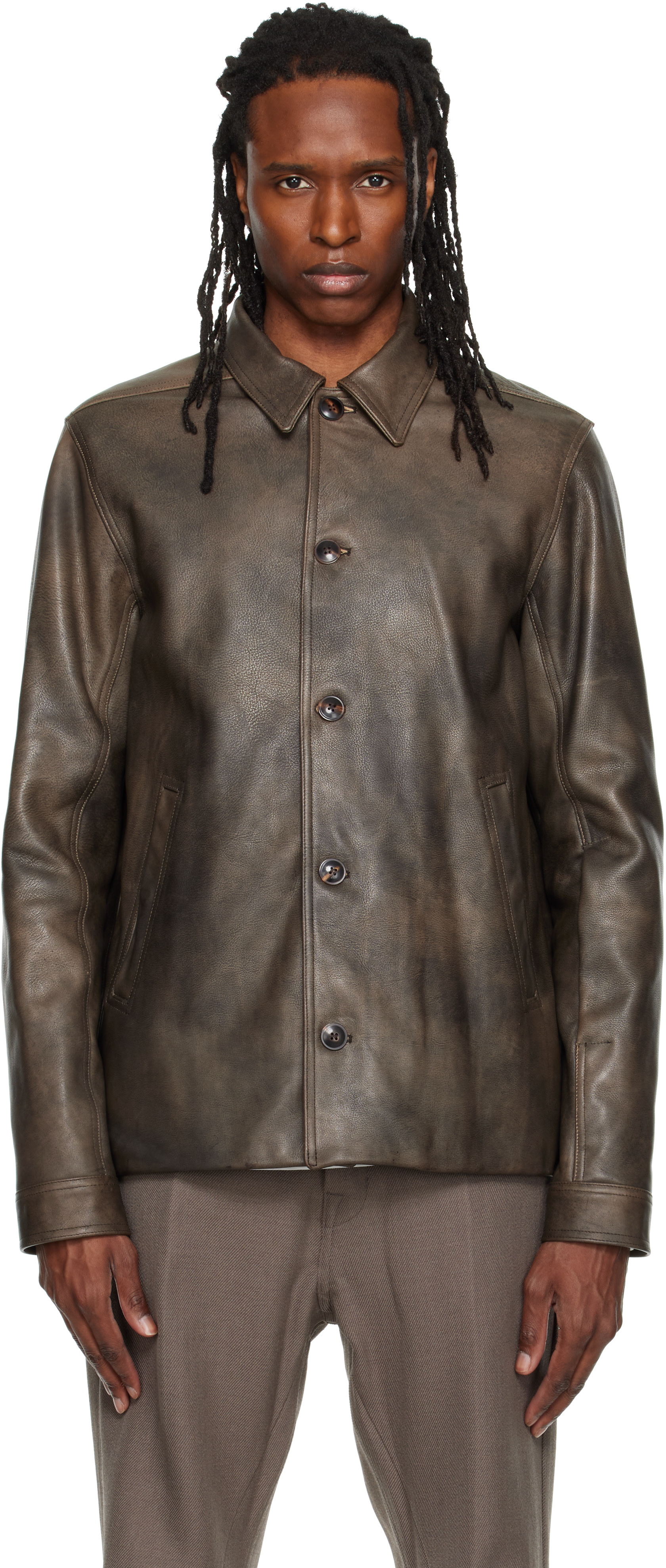 Rick Owens - Brown Buttoned Brad Leather Jacket