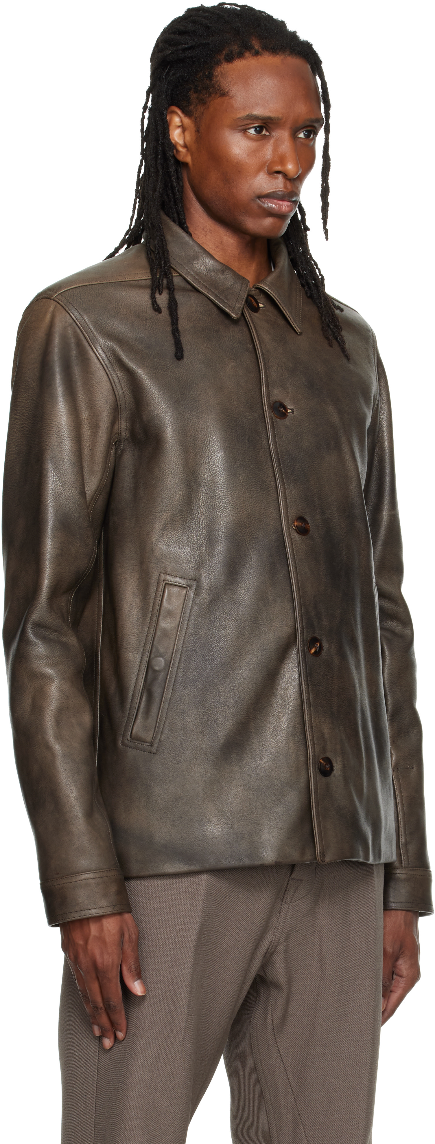 Rick Owens - Brown Buttoned Brad Leather Jacket