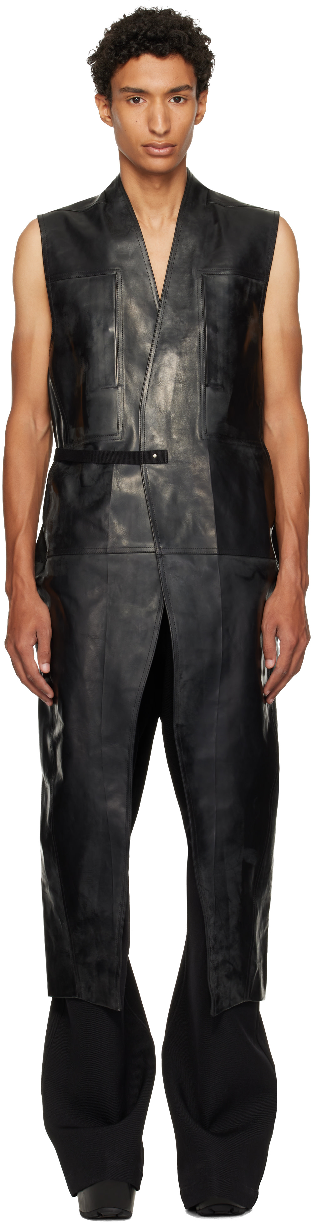 Rick Owens - 블랙 타워 롱 랩 가죽 베스트