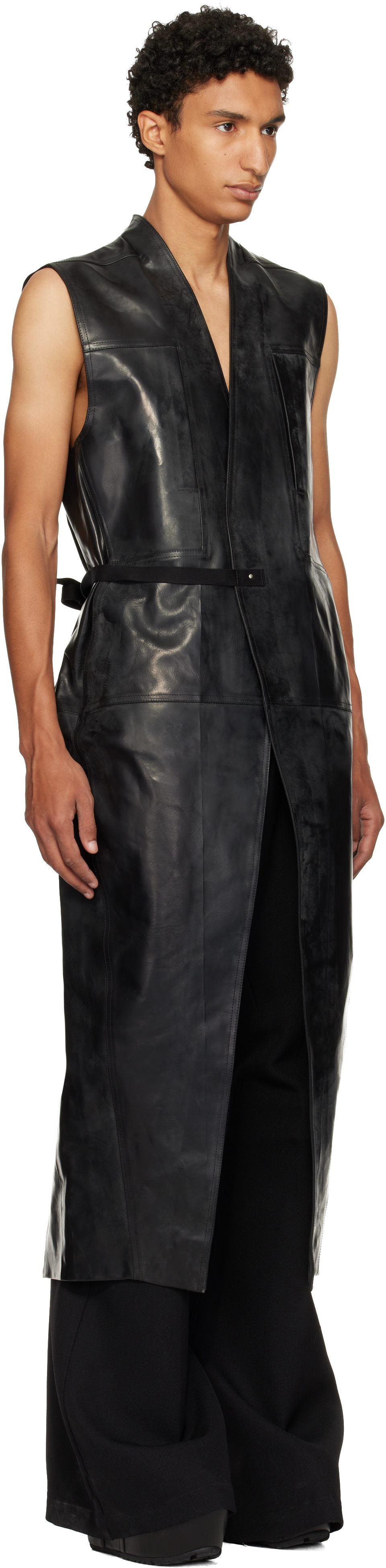Rick Owens - 블랙 타워 롱 랩 가죽 베스트