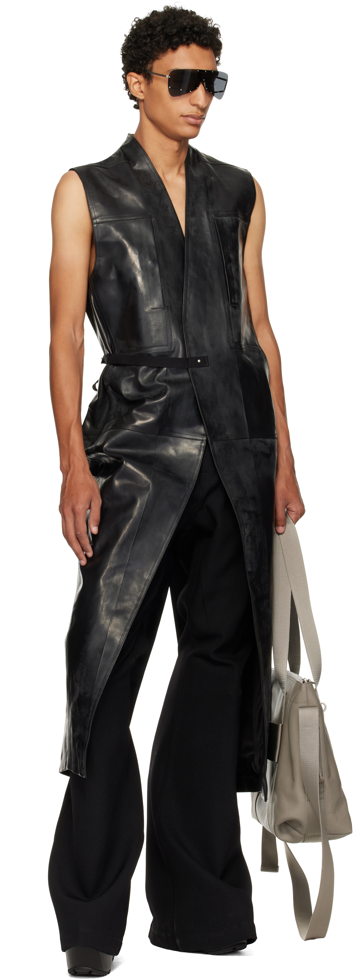 Rick Owens - 블랙 타워 롱 랩 가죽 베스트