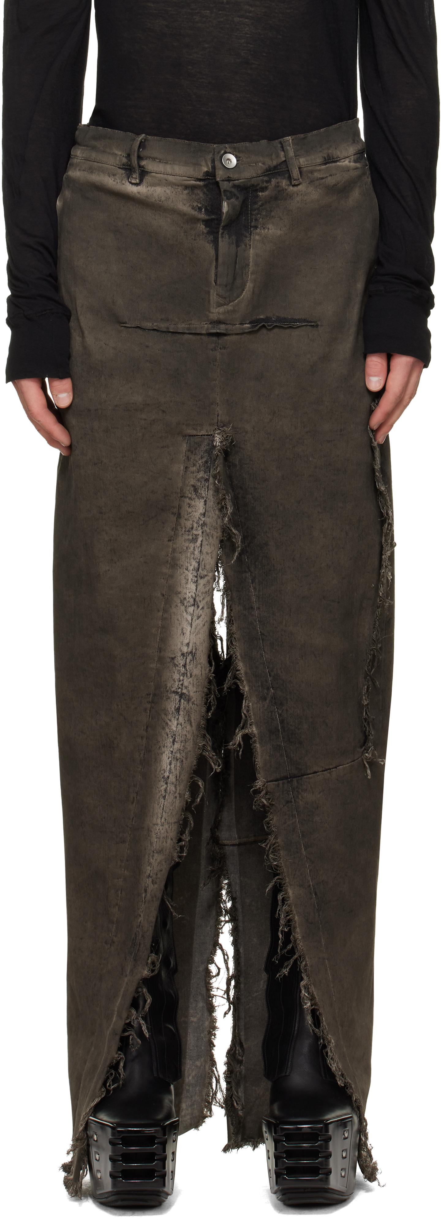Rick Owens: Gray Tower Sliced Denim Maxi Skirt | SSENSE