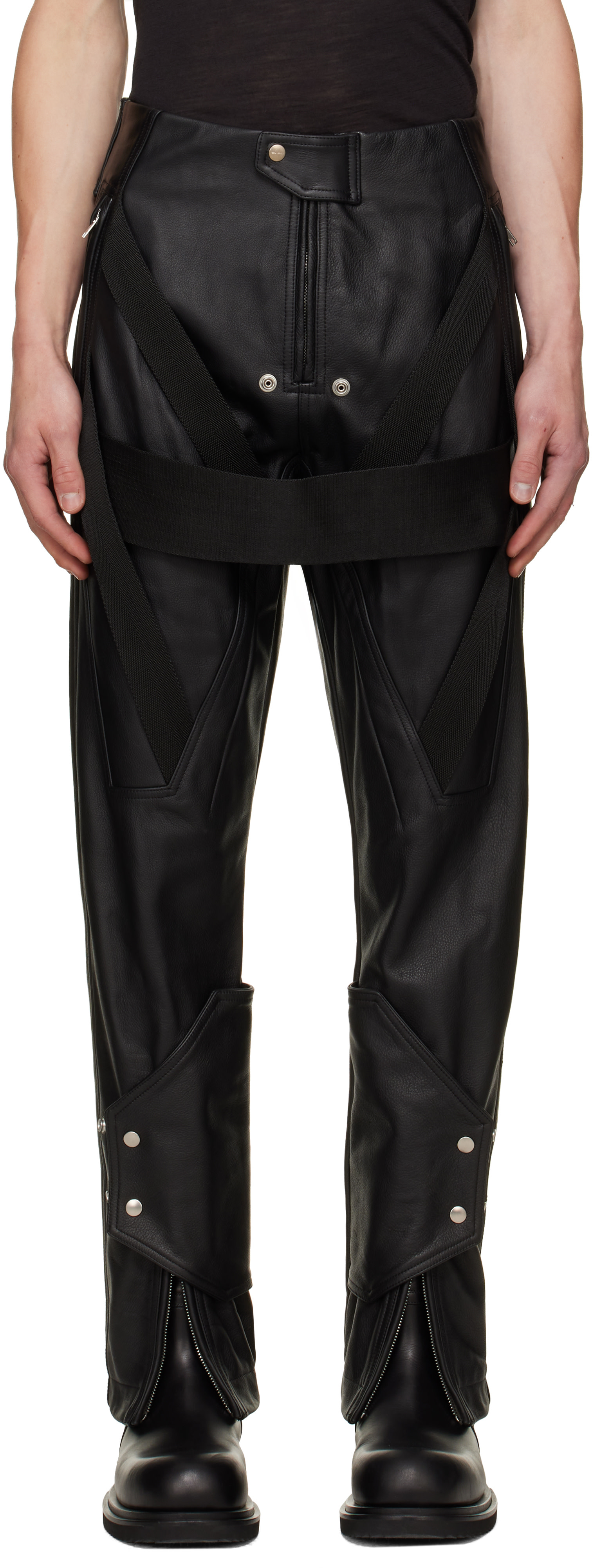 Rick Owens: ブラック Tower Megastrapped Motopants レザーパンツ