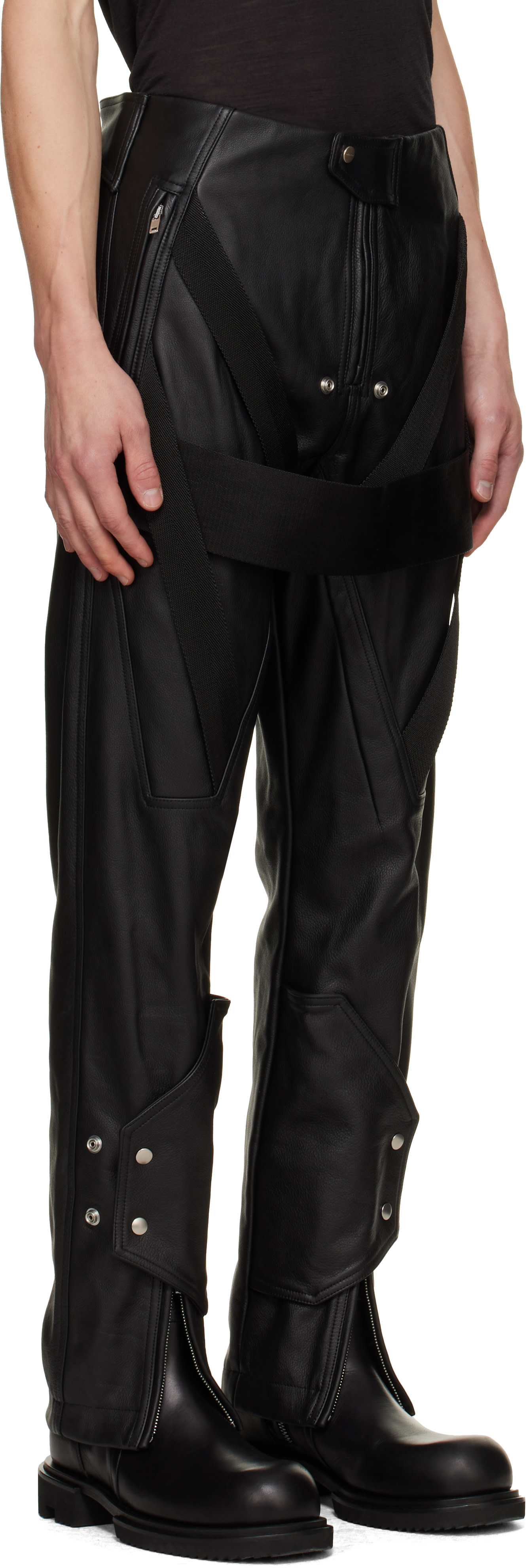 Rick Owens: ブラック Tower Megastrapped Motopants レザーパンツ