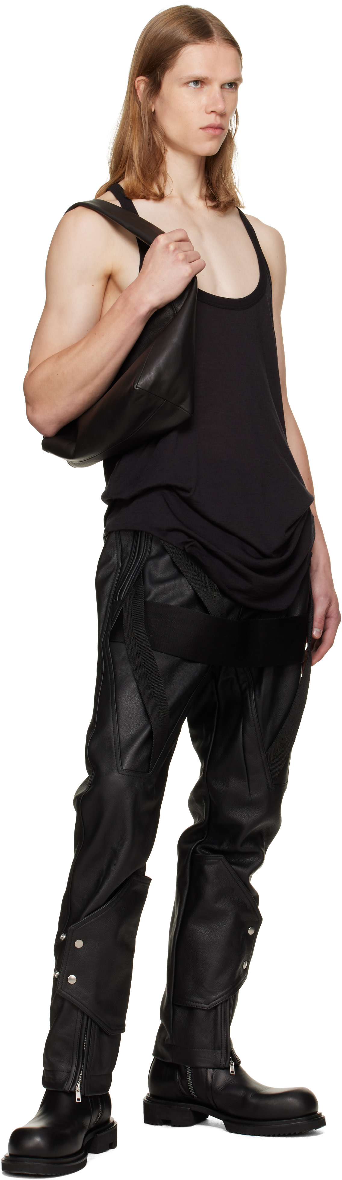 Rick Owens: ブラック Tower Megastrapped Motopants レザーパンツ