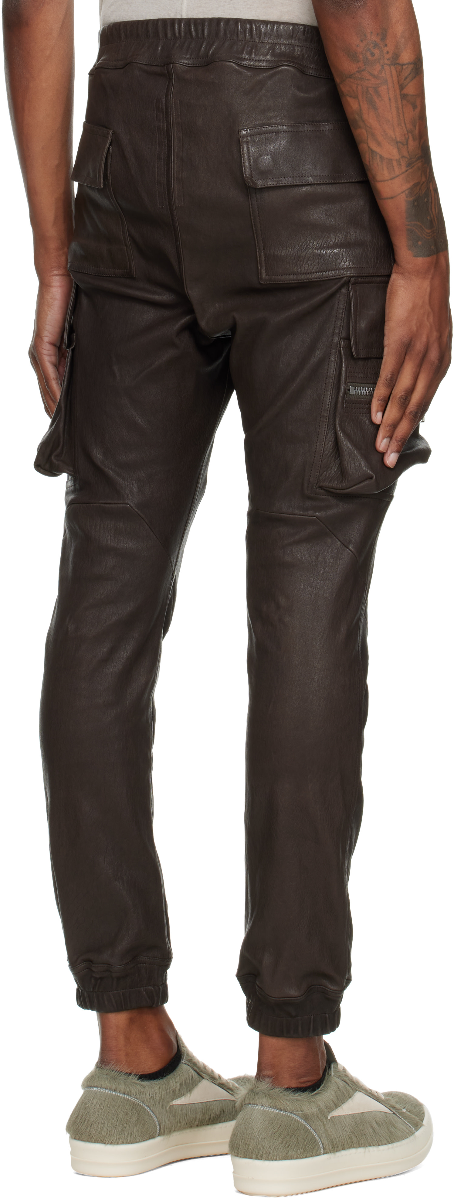 rick owens mastodon cargo レザー　カーゴジョグ　パンツ Rick Owens: Brown Tower Mastodon Leather Cargo Pants | SSENSE