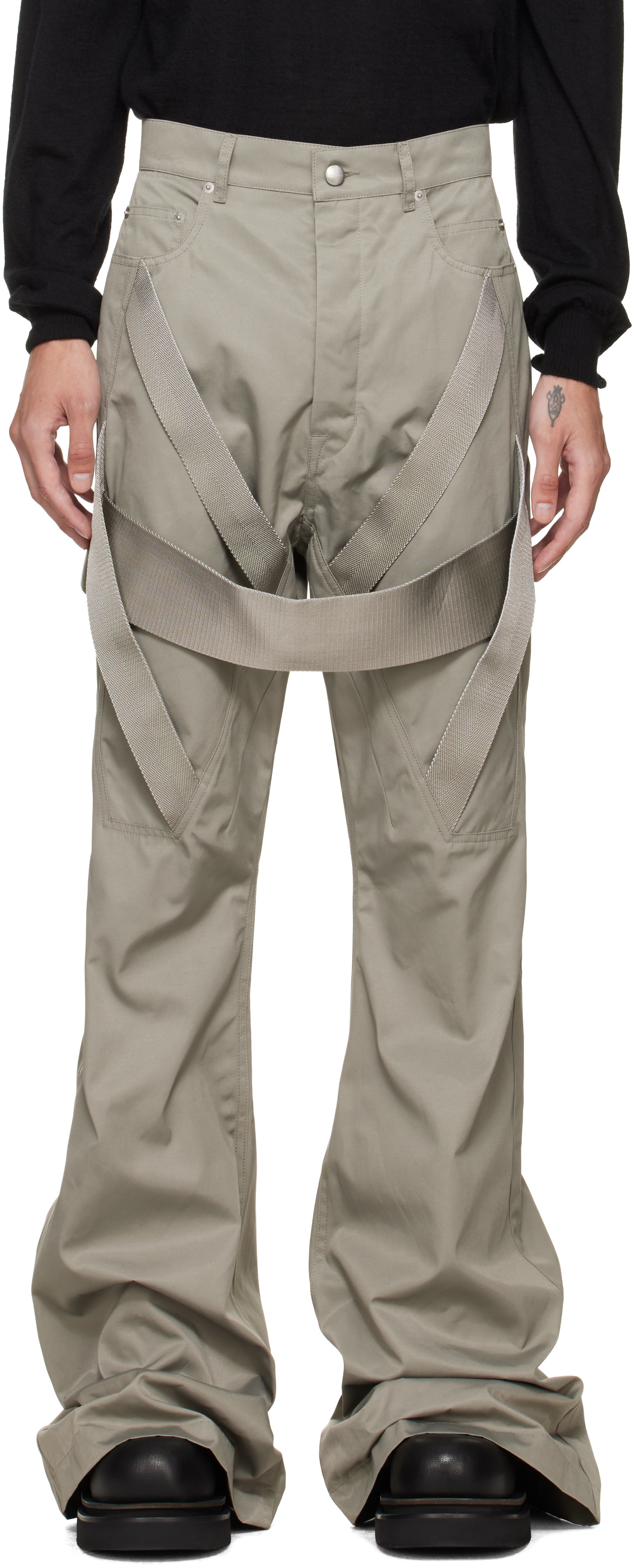 Rick Owens: Gray Tower Megastrapped Bolan Bootcut Trousers