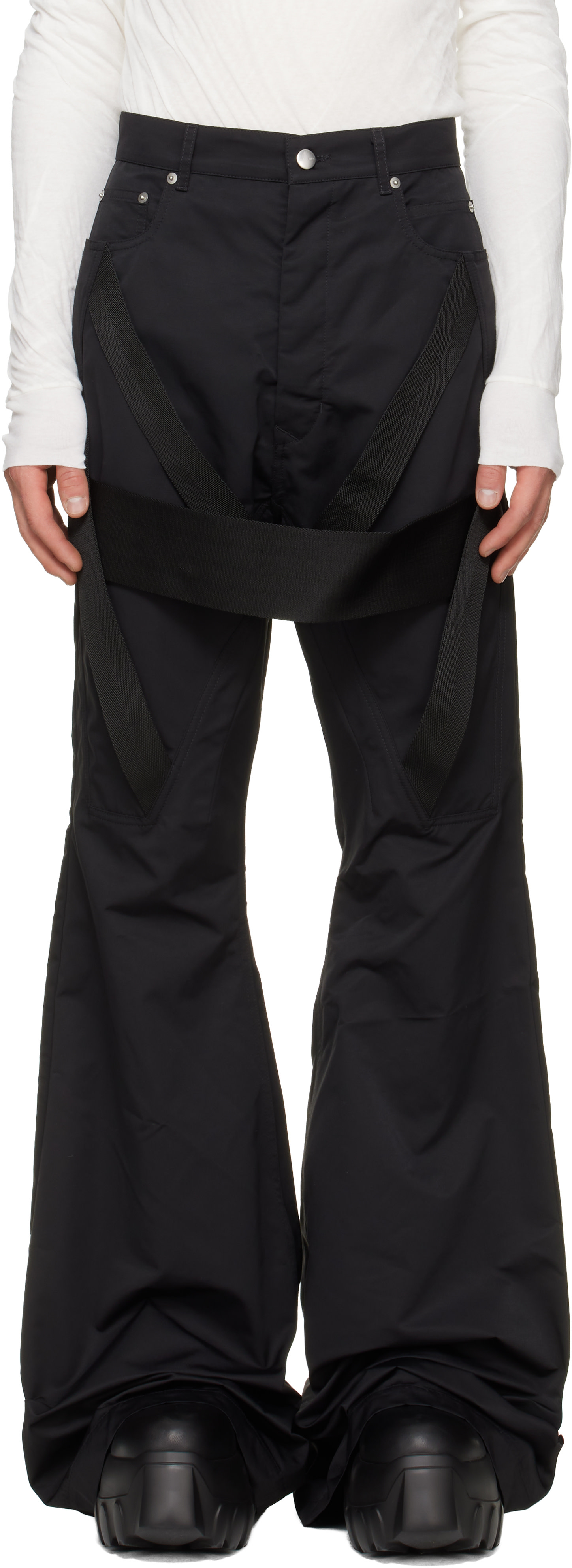 Rick Owens: Black Tower Megastrapped Bolan Bootcut Trousers | SSENSE