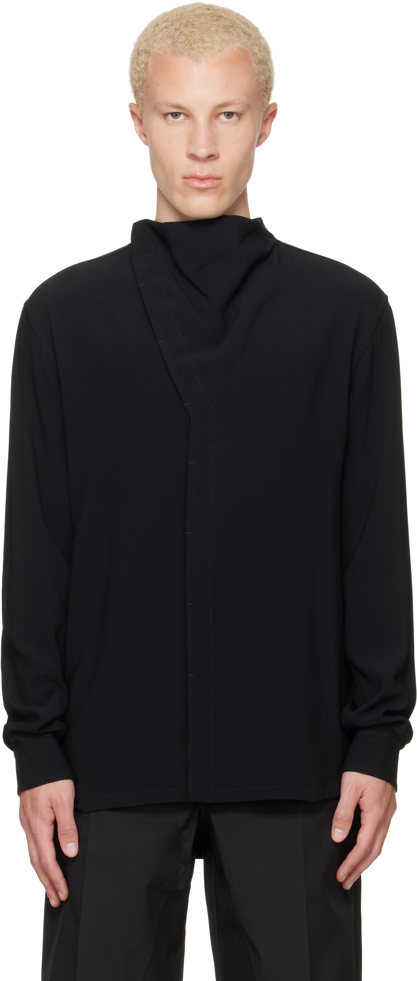 Rick Owens オフショルダー黒シャツ・ストライプ Rick Owens: Black Tower Island Shirt | SSENSE