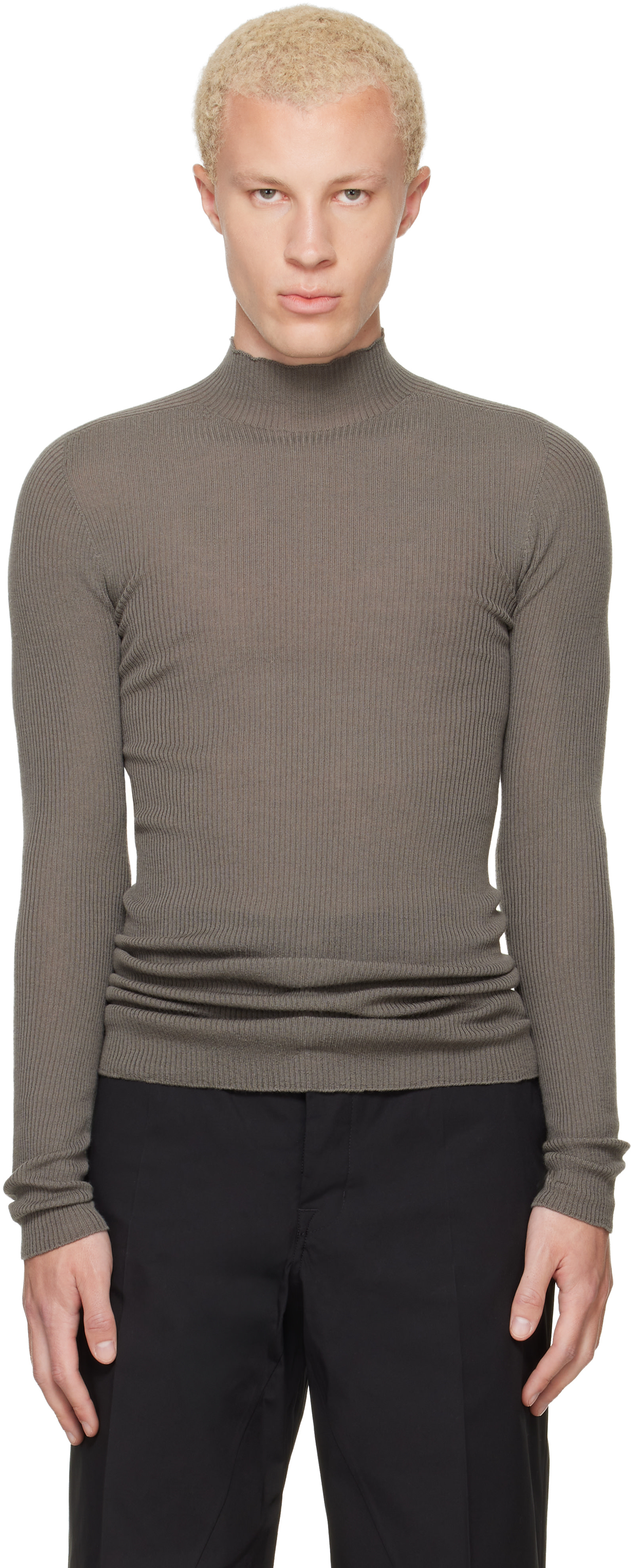 Rick Owens: Gray Tower Ribbed Lupetto Sweater | SSENSE