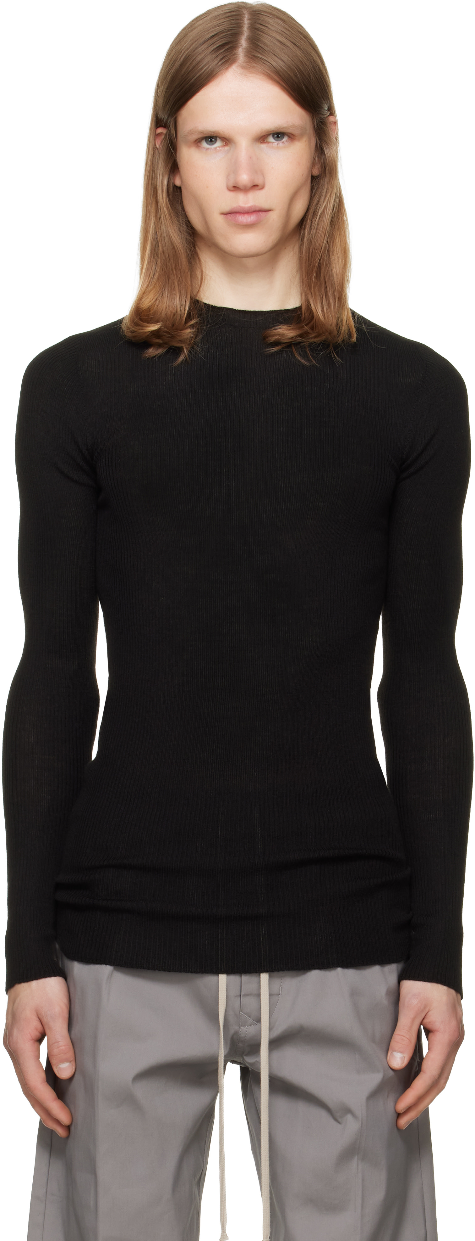 Rick Owens: Black Tower Ribbed Round Neck Sweater | SSENSE