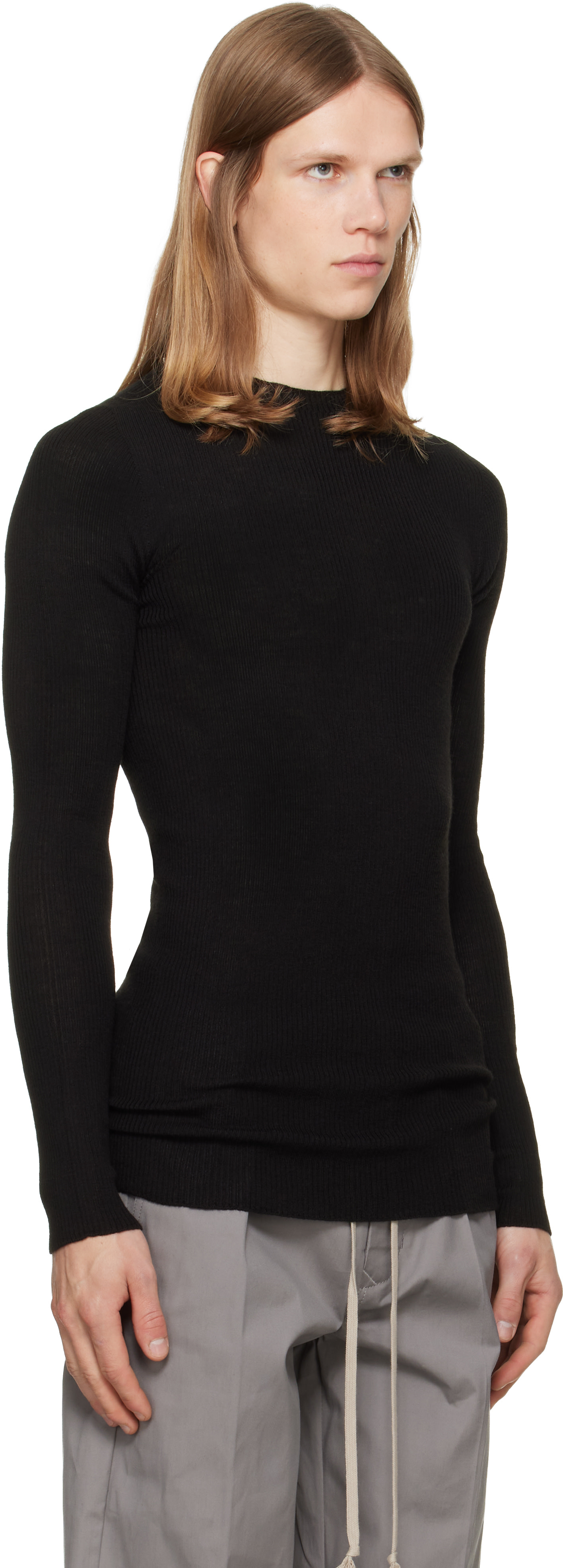 Rick Owens: Black Tower Ribbed Round Neck Sweater | SSENSE