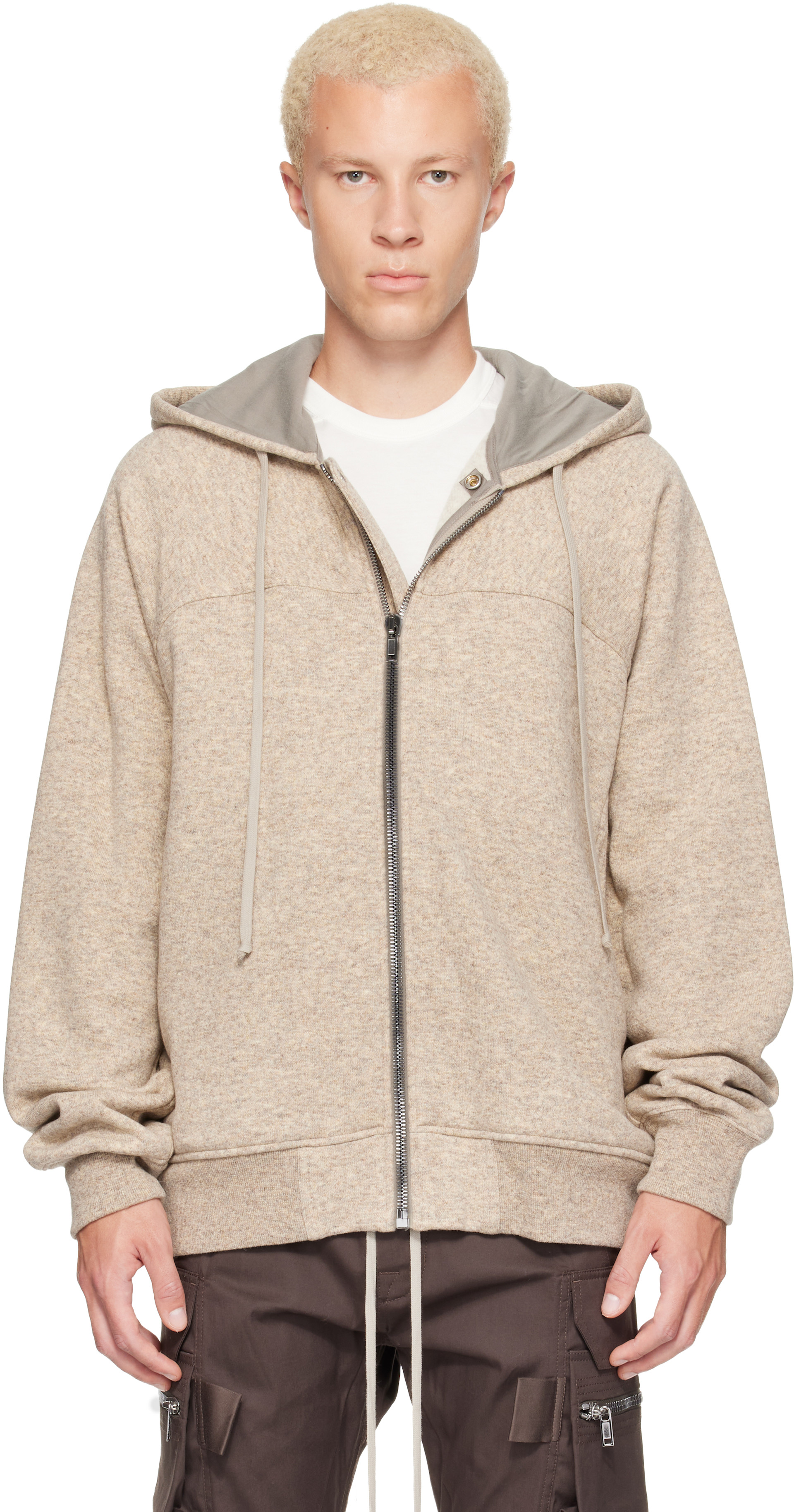 Rick Owens: Beige Tower Wool Windbreaker Hoodie | SSENSE Canada