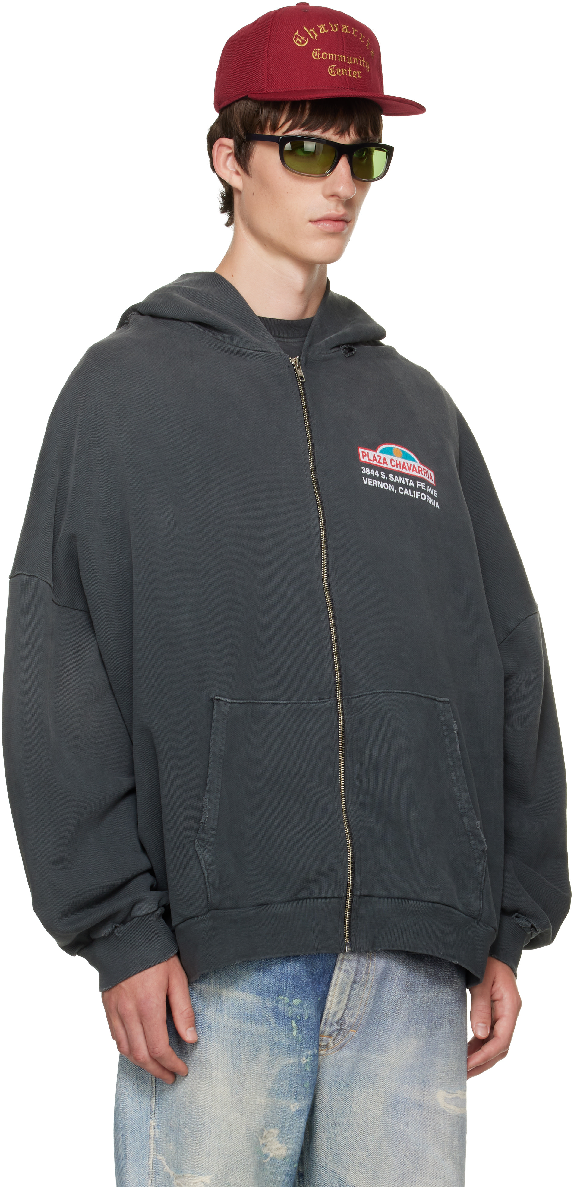 WILLY CHAVARRIA: Black 'Plaza Chavarria' Zip Hooligan Hoodie | SSENSE