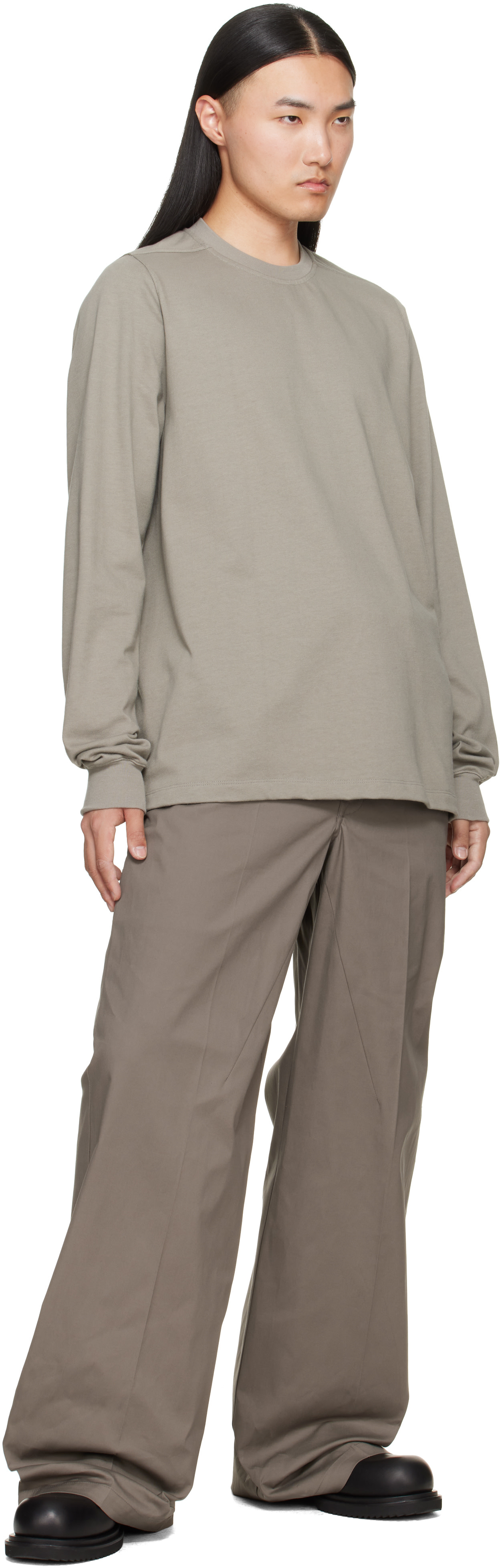 Rick Owens: Gray Tower Short Crewneck LS T-shirt | SSENSE