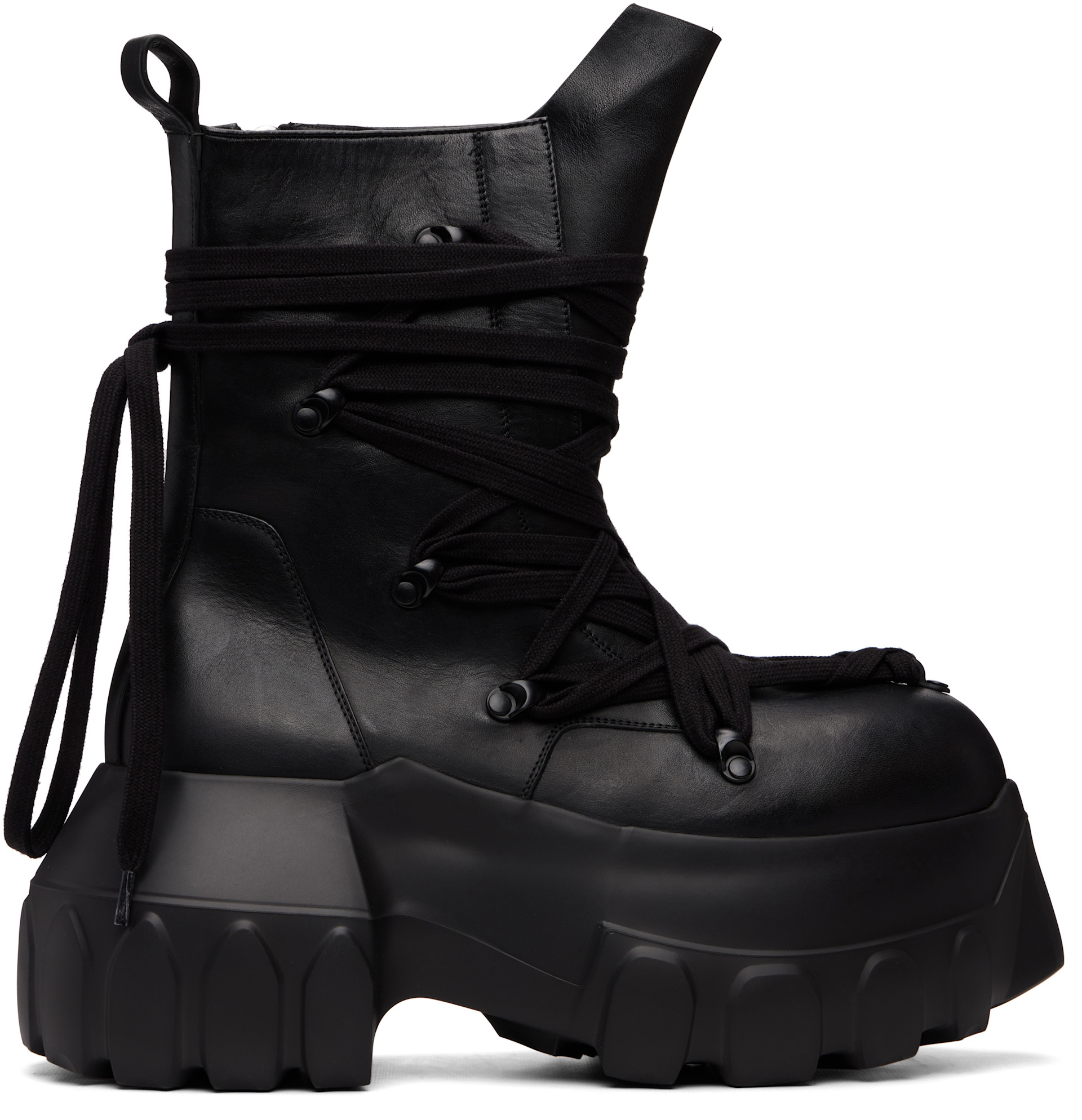 【RICK OWENS】MEGALACE MEGA TRACTOR Rick Owens: Black Tower Megalace Mega Tractor Boots | SSENSE Canada