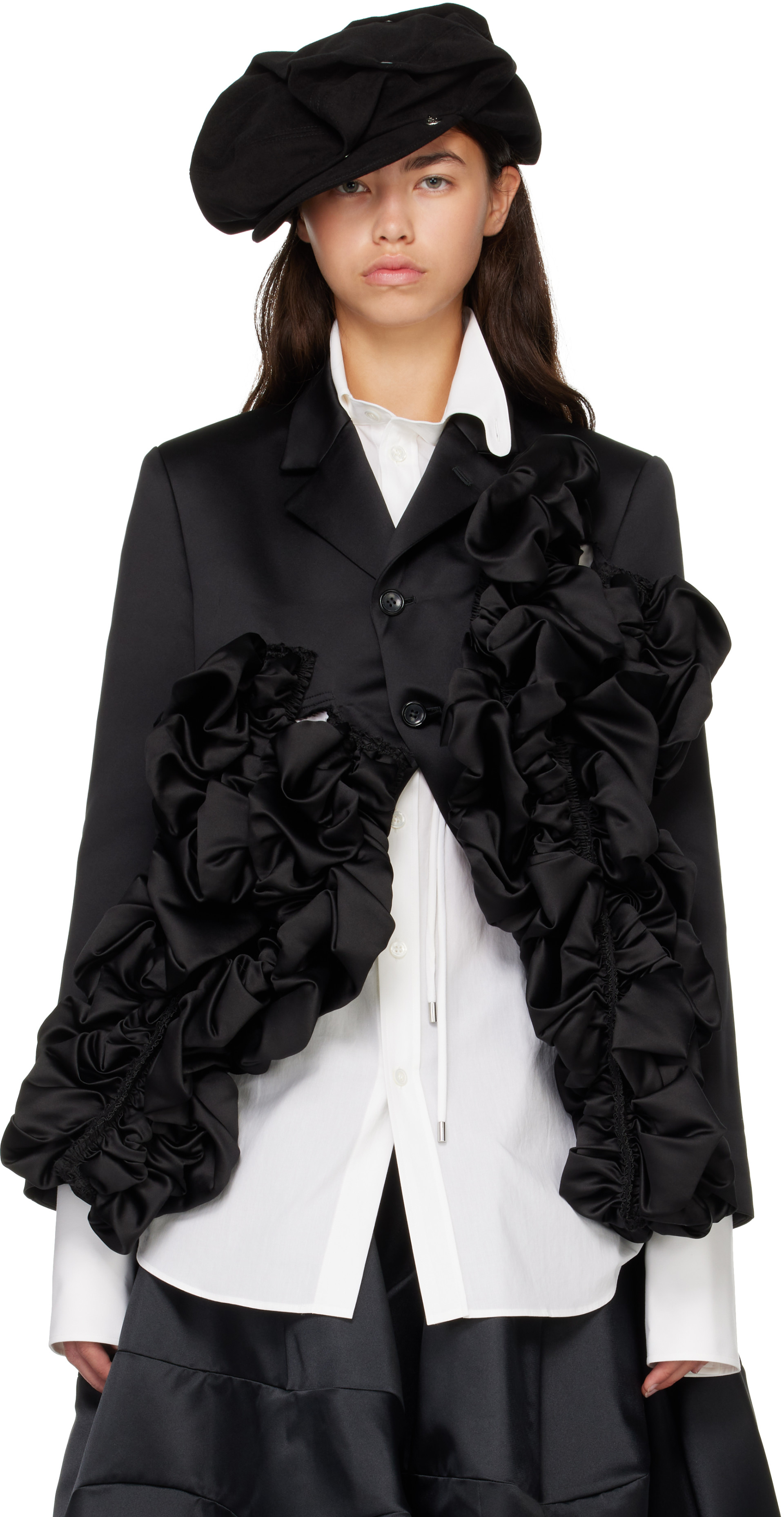 Comme des Garçons: Black Gathered Satin Jacket | SSENSE