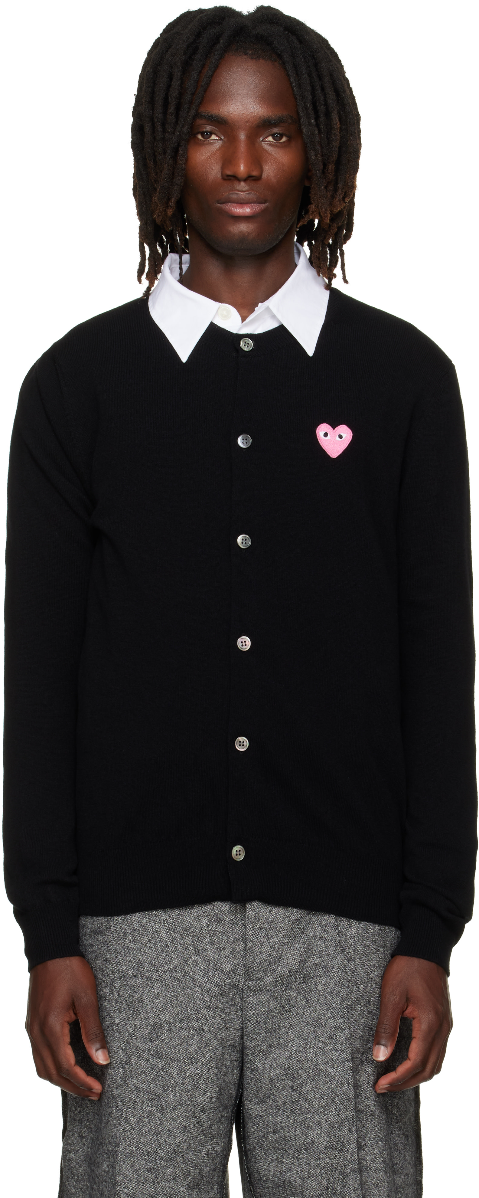 COMME DES GARÇONS Round Neck Cardigan COMME des GARÇONS PLAY: Black Heart Emblem Round Neck Cardigan
