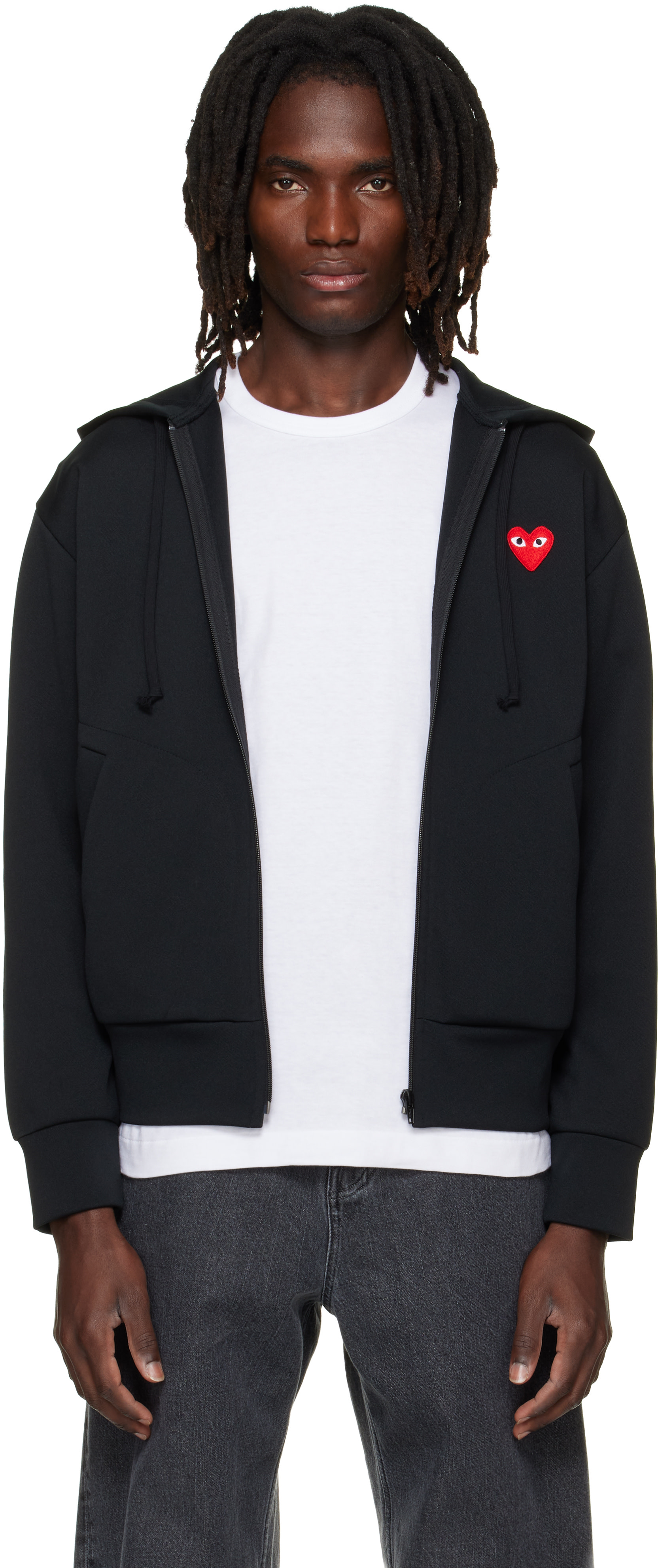 ウェア COMME des GARCONSCOMME des GARCONS COMME des GARÇONS PLAY: Black Heart Emblem Zip Hoodie | SSENSE Canada