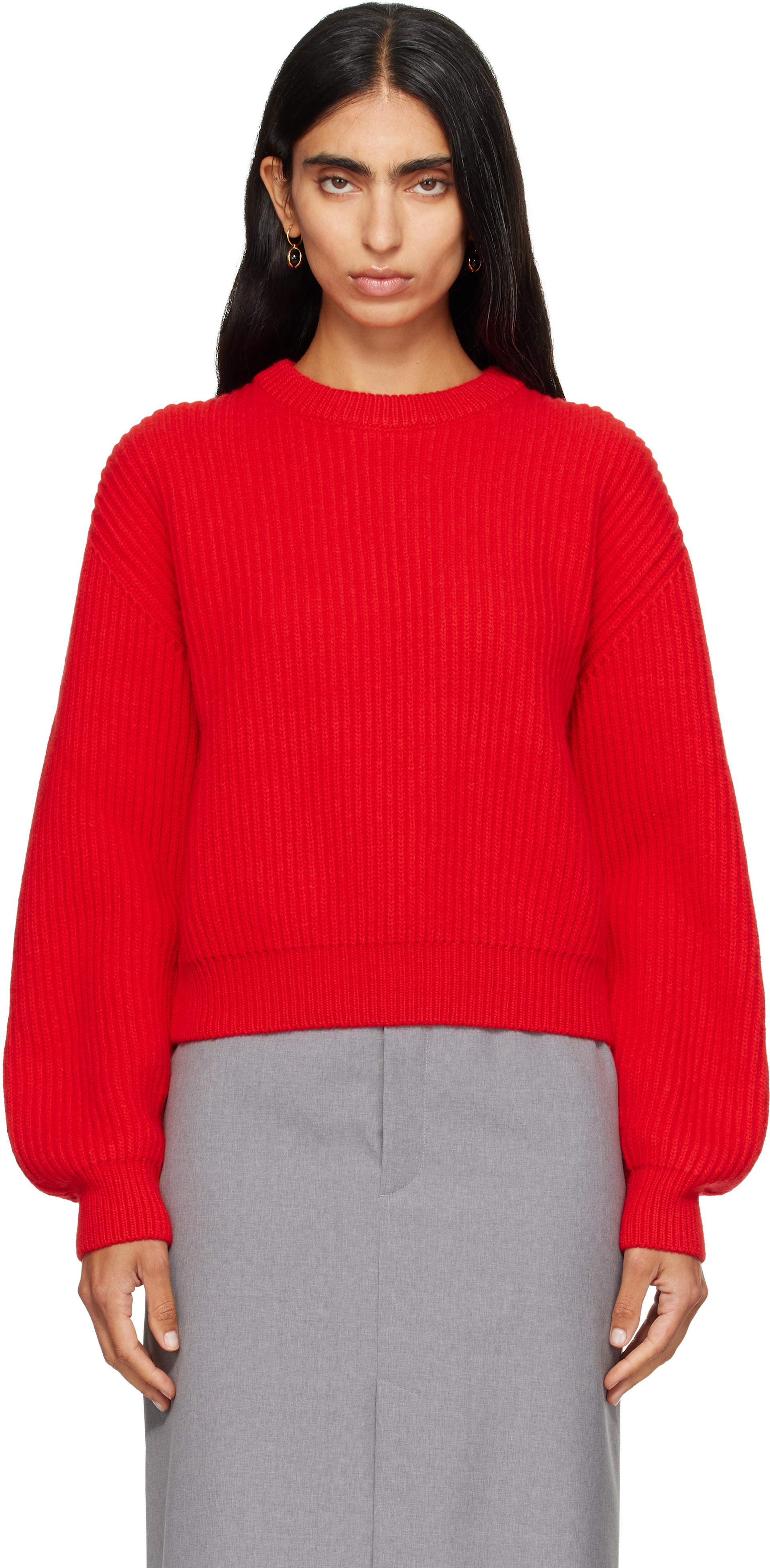 Jil Sander - Pull rouge en laine à col ras du cou
