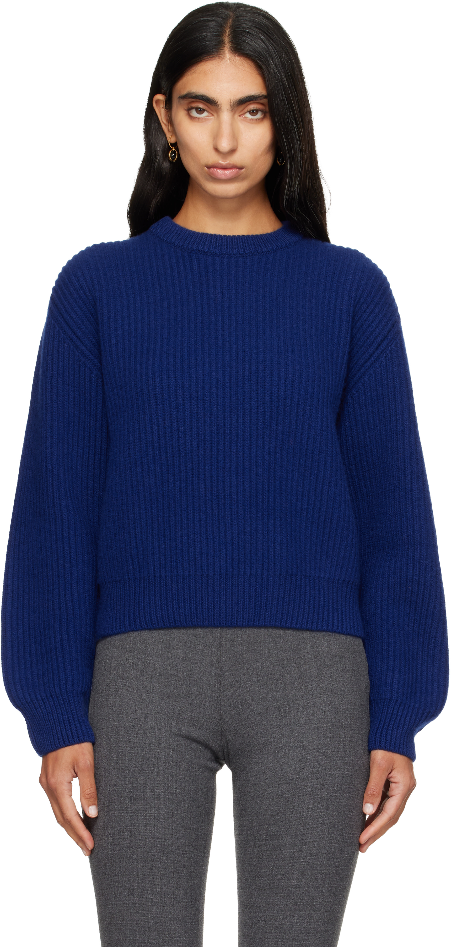 Jil sander ニット Jil Sander: Blue Wool Crew-Neck Sweater | SSENSE