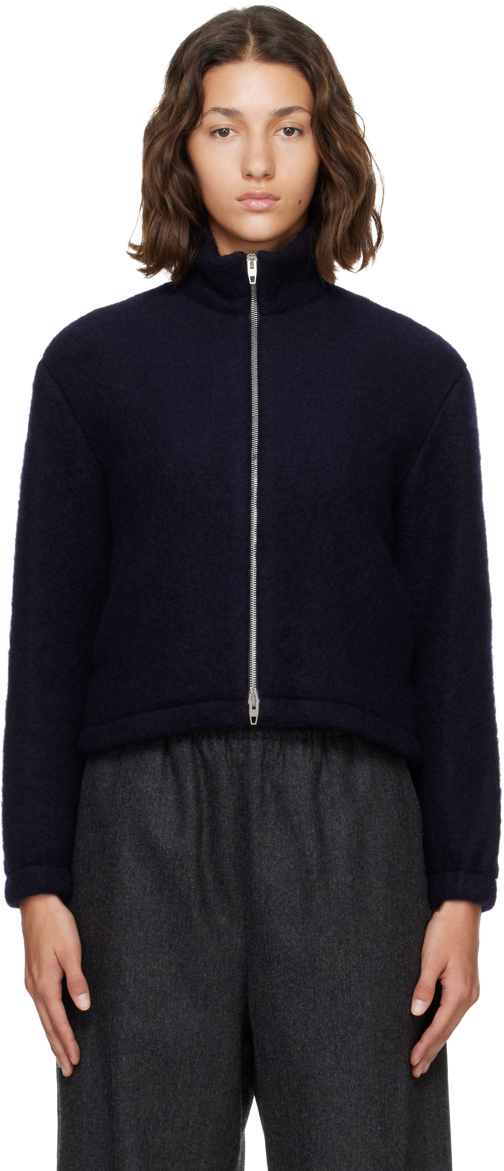 Jil Sander: ネイビー ハイネック ジップアップ クロップド ジャケット