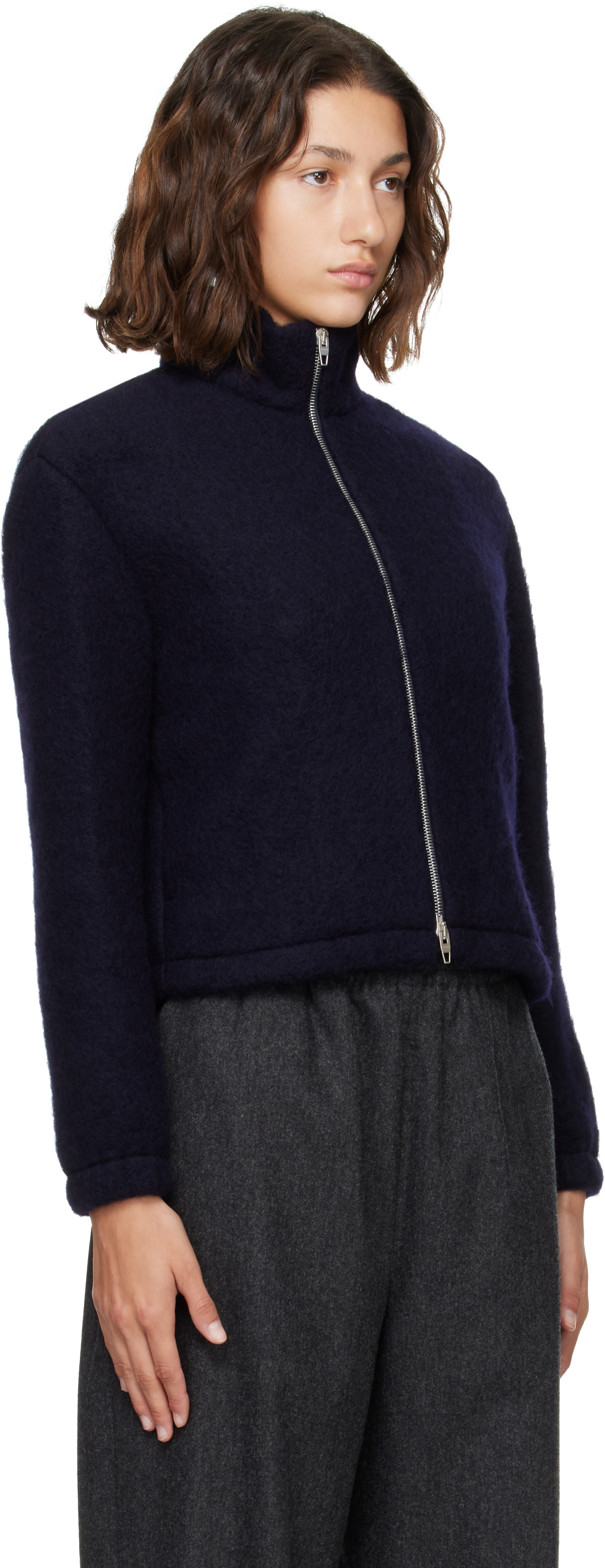 Jil Sander: Navy High Neck Zip-Up Cropped Jacket | SSENSE
