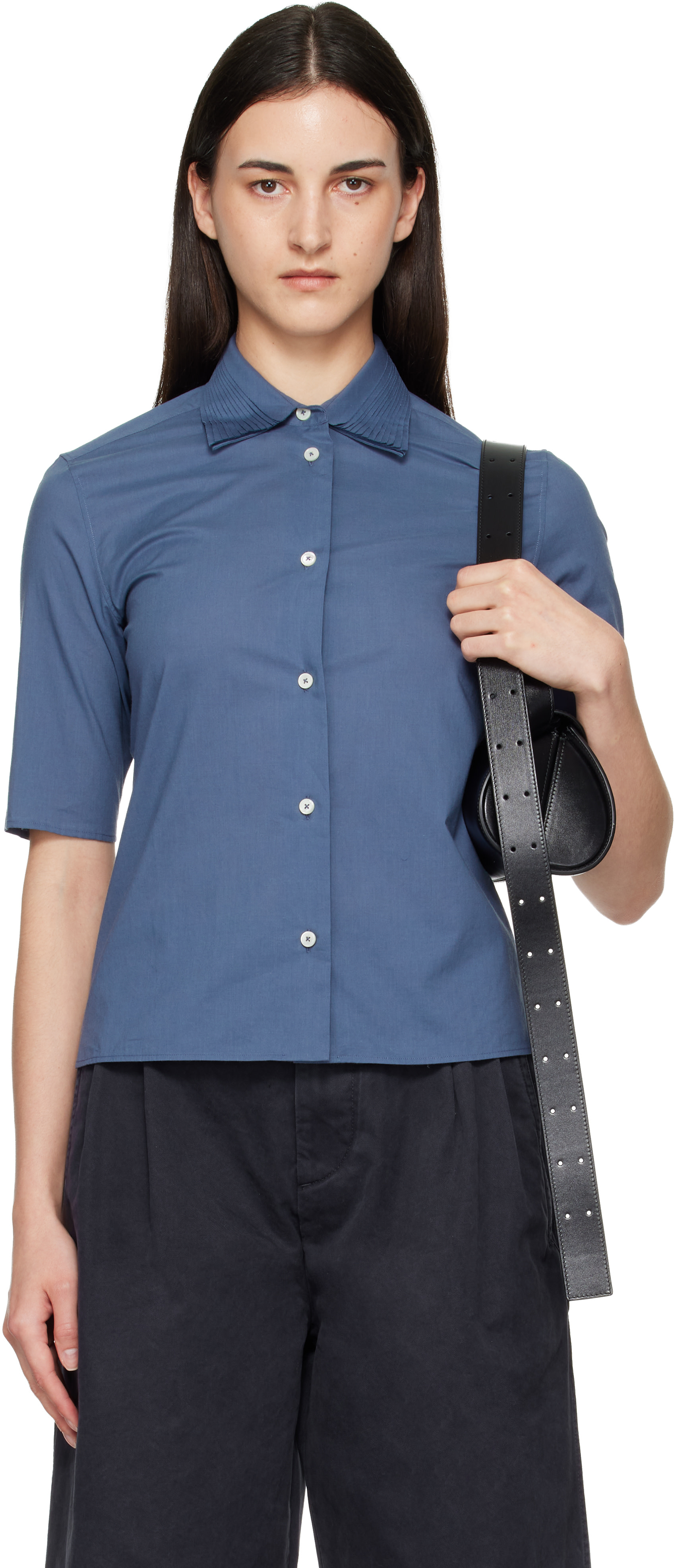 トップス jil sander dress shirt (39) blue 2015ss Jil Sander: Blue Slim Fit Short Sleeve Back Darts Shirt | SSENSE