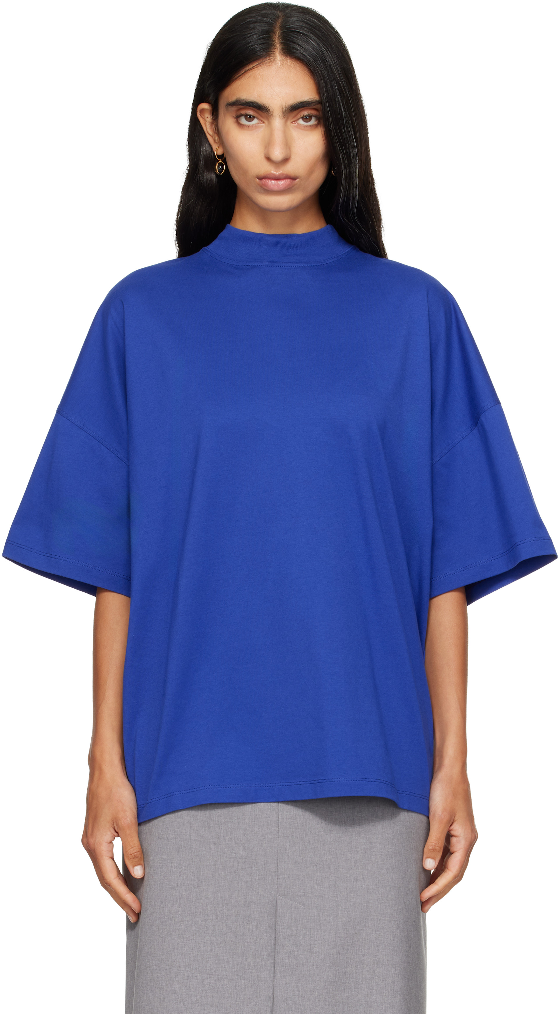 Jil Sander: Blue Cotton Mock-Neck T-shirt | SSENSE
