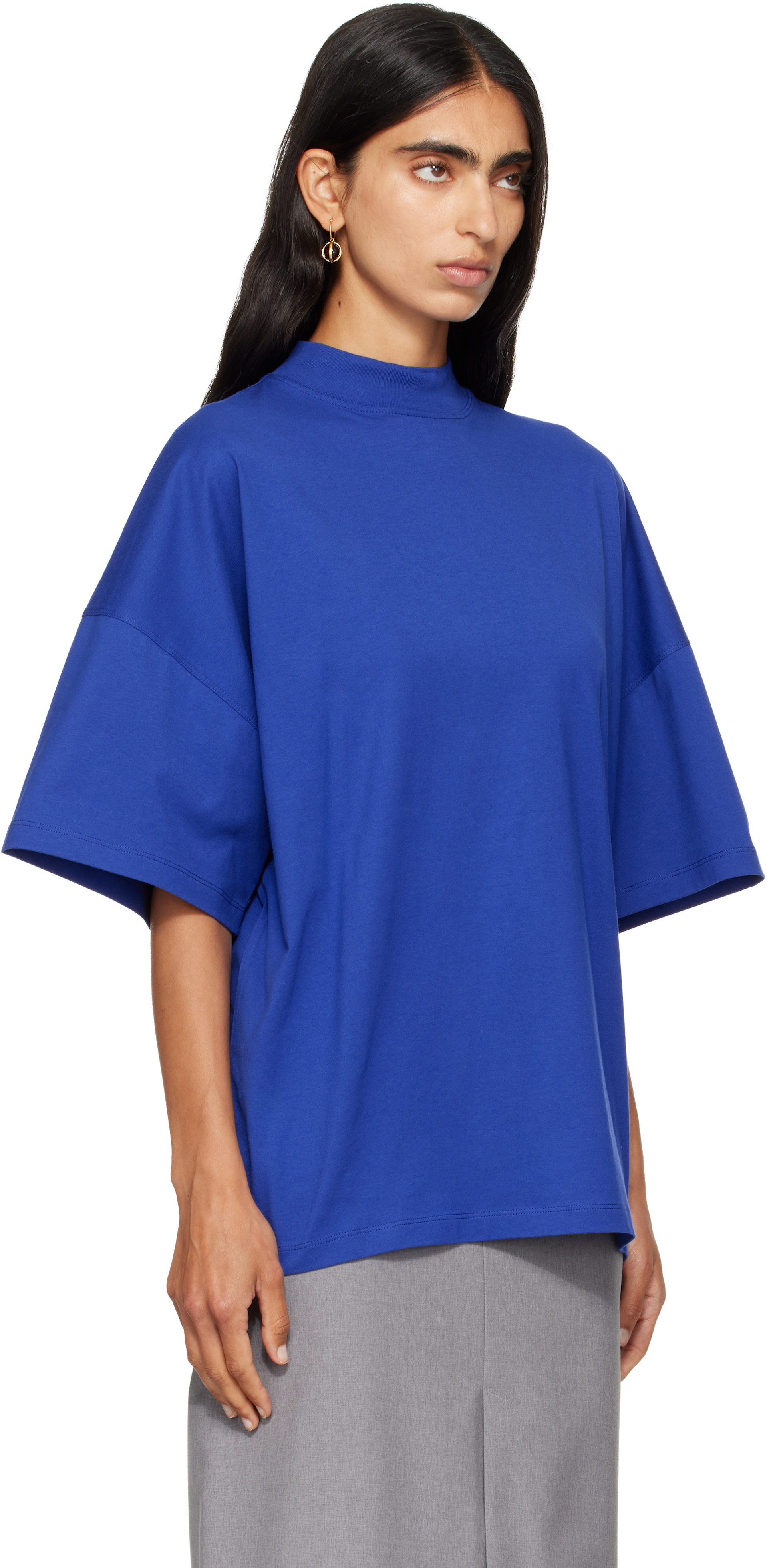 Jil Sander: Blue Cotton Mock-Neck T-shirt | SSENSE Canada