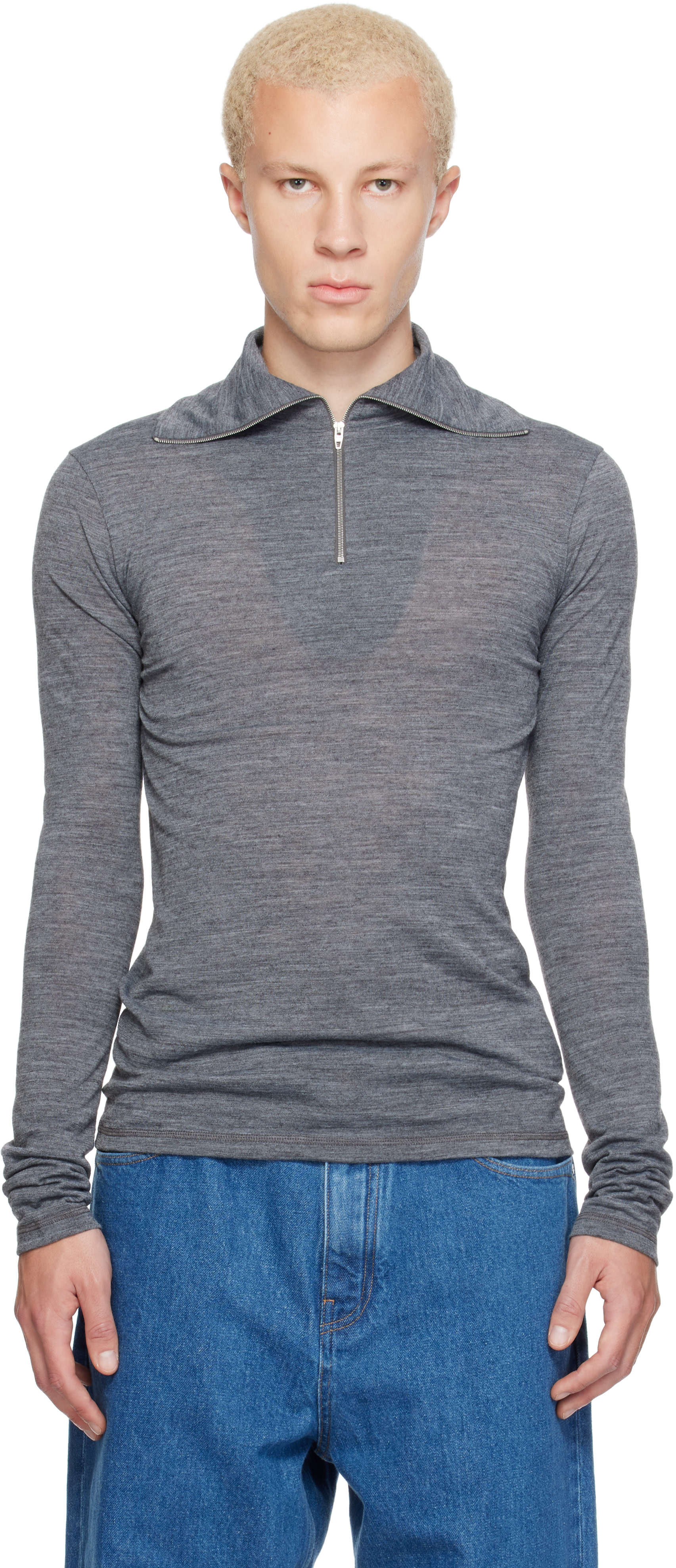 Jil Sander - Gray LS Zip Polo