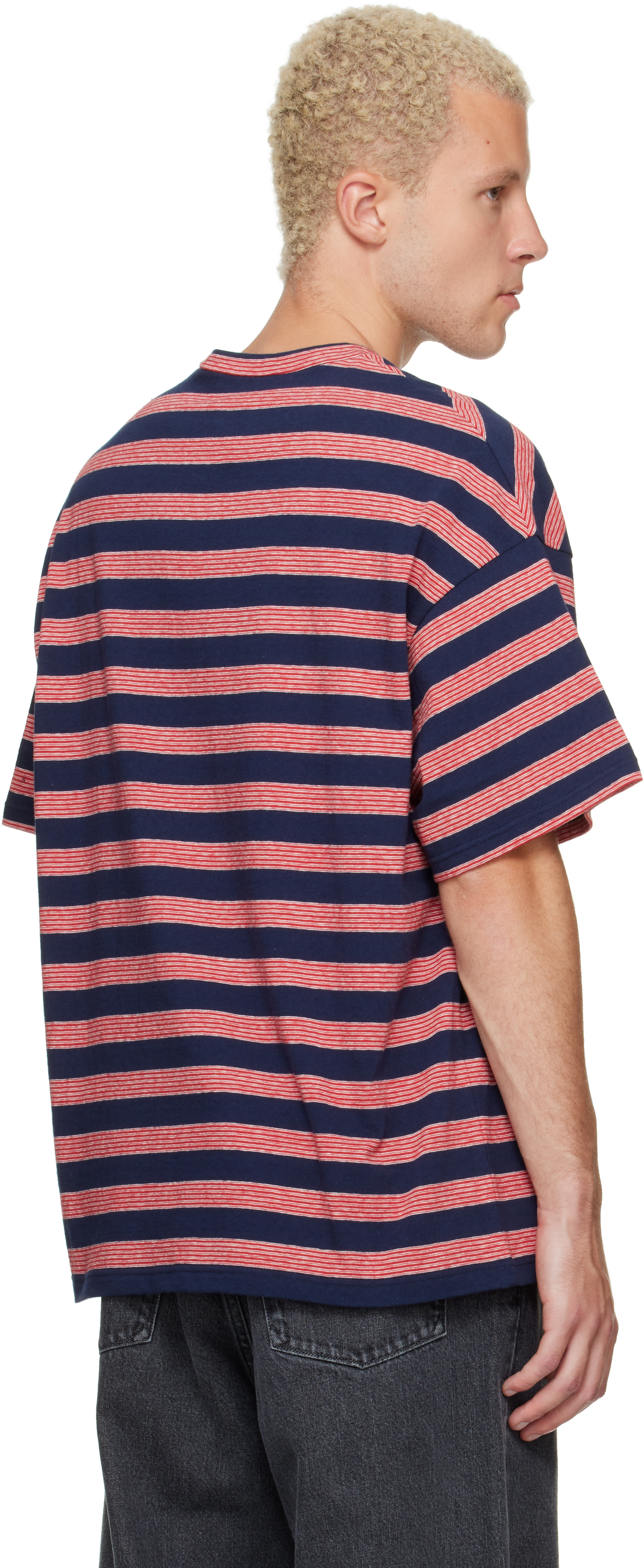 Jil Sander: ネイビー＆レッド ボーダー Tシャツ | SSENSE 日本