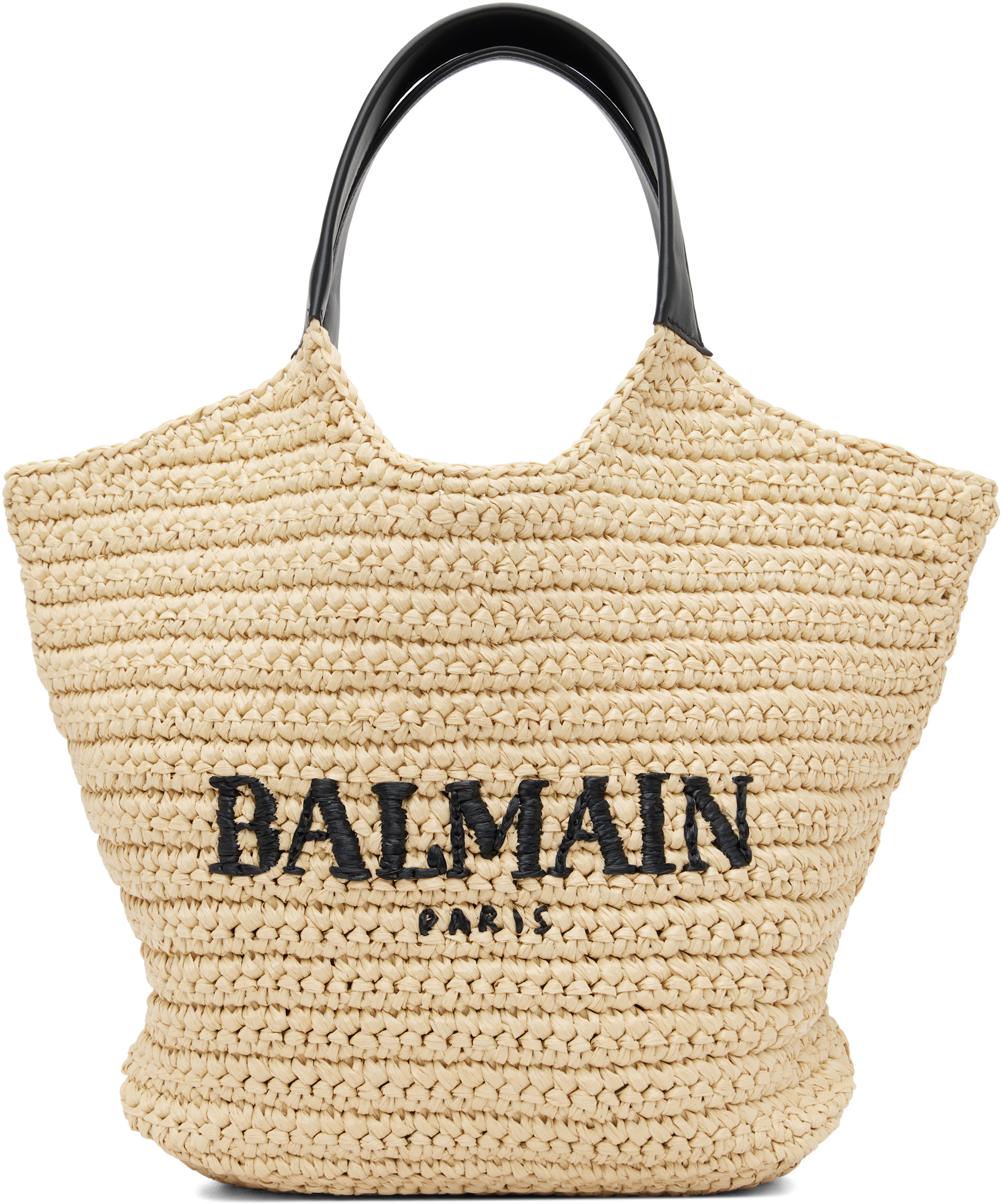 Balmain - Mini cabas beige en crochet à logo