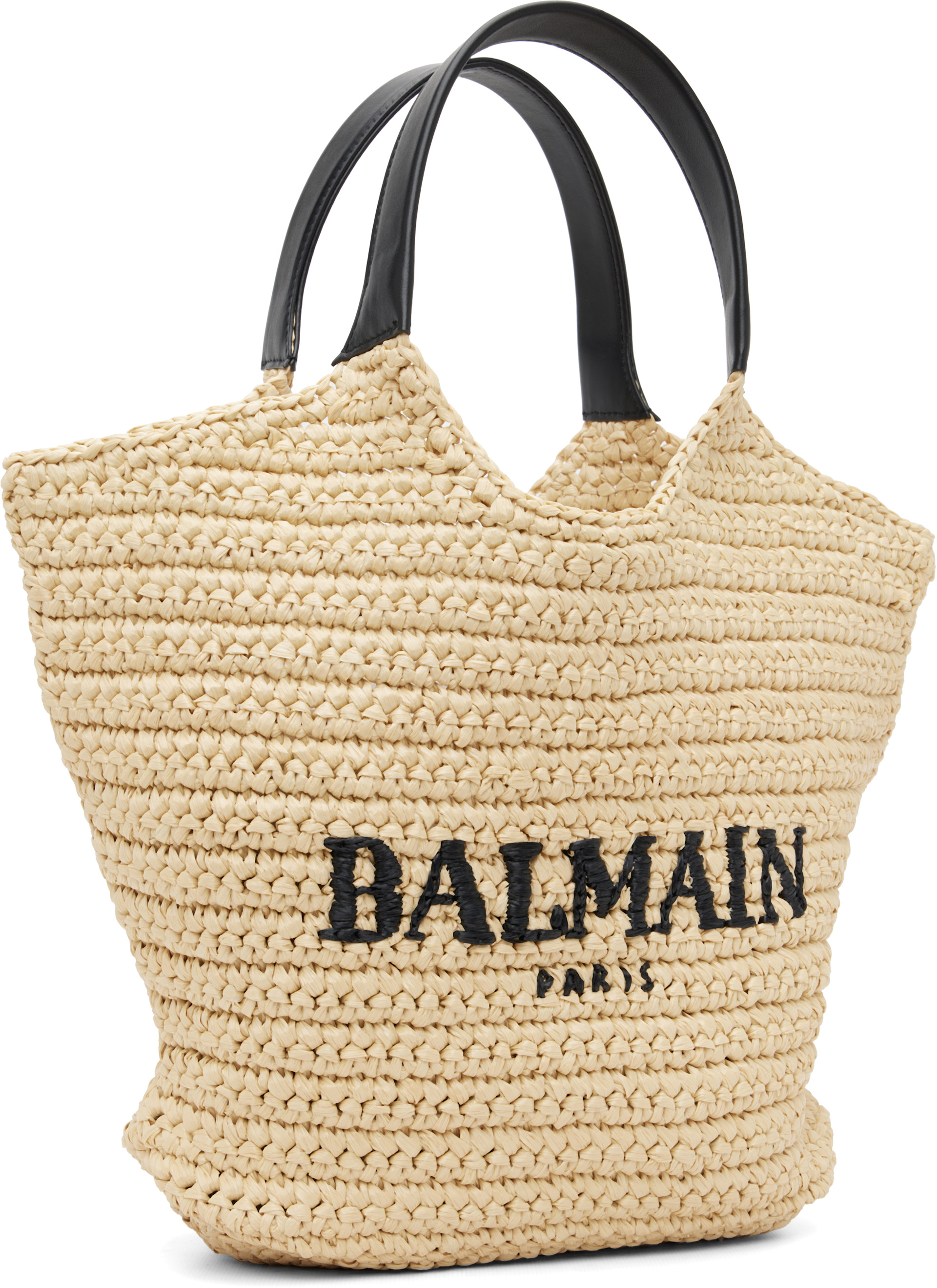 Balmain - Mini cabas beige en crochet à logo