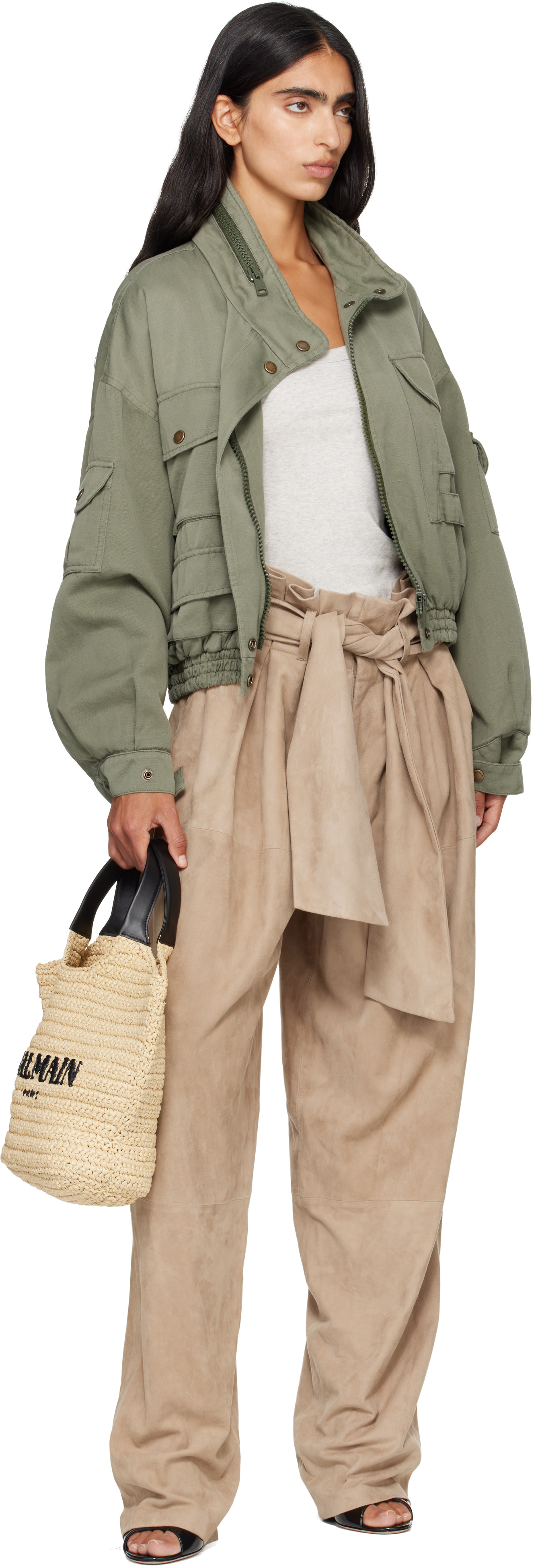 Balmain - Mini cabas beige en crochet à logo