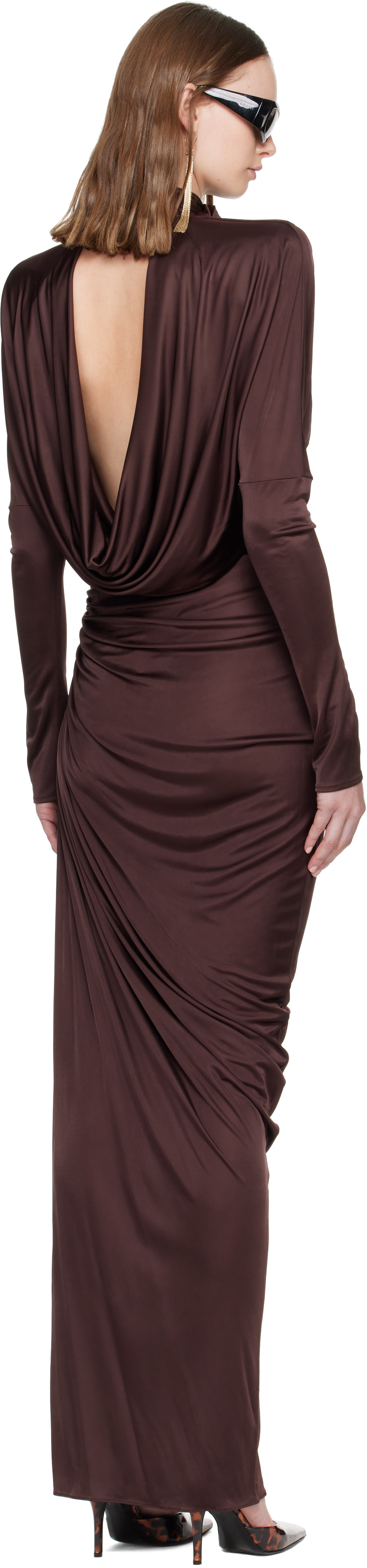Balmain - Robe longue drapée bourgogne en jersey