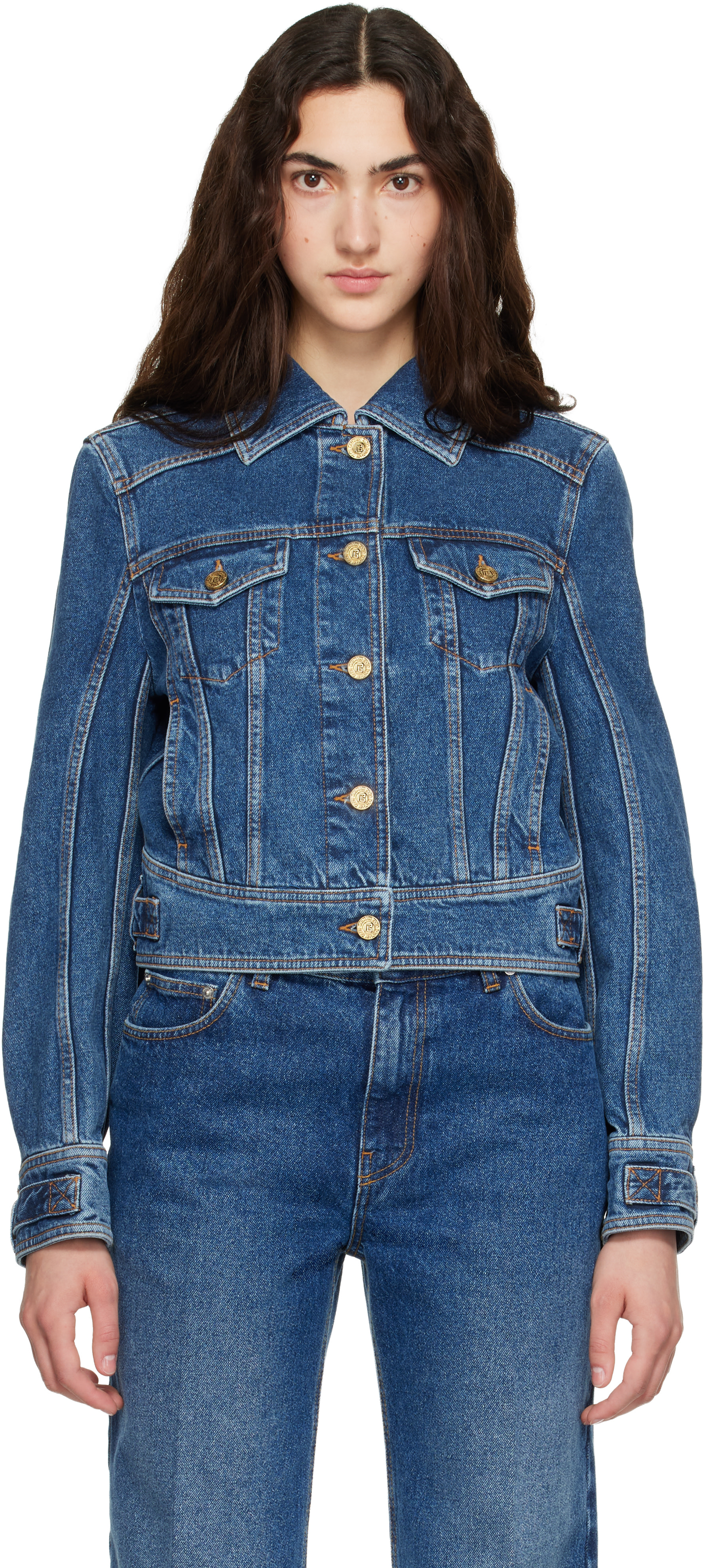 BALMAIN: Blue Cropped Denim Jacket | SSENSE Japan