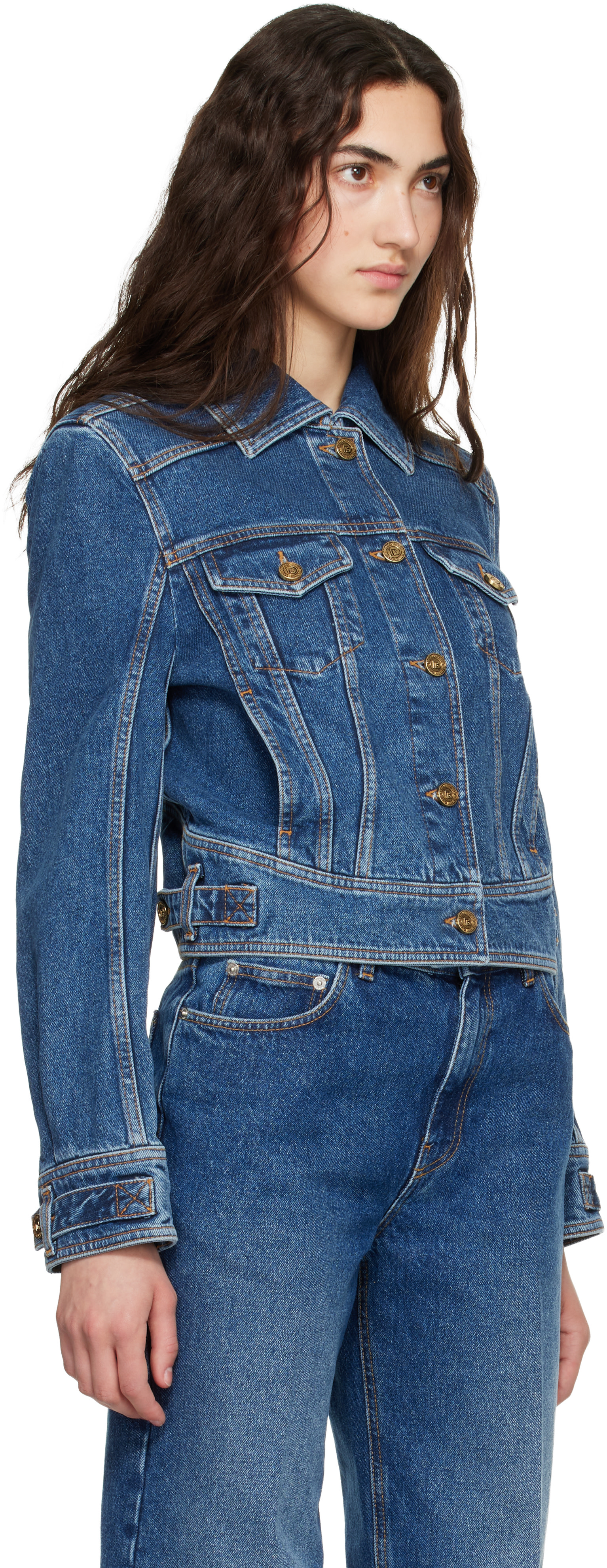 BALMAIN: Blue Cropped Denim Jacket | SSENSE Japan