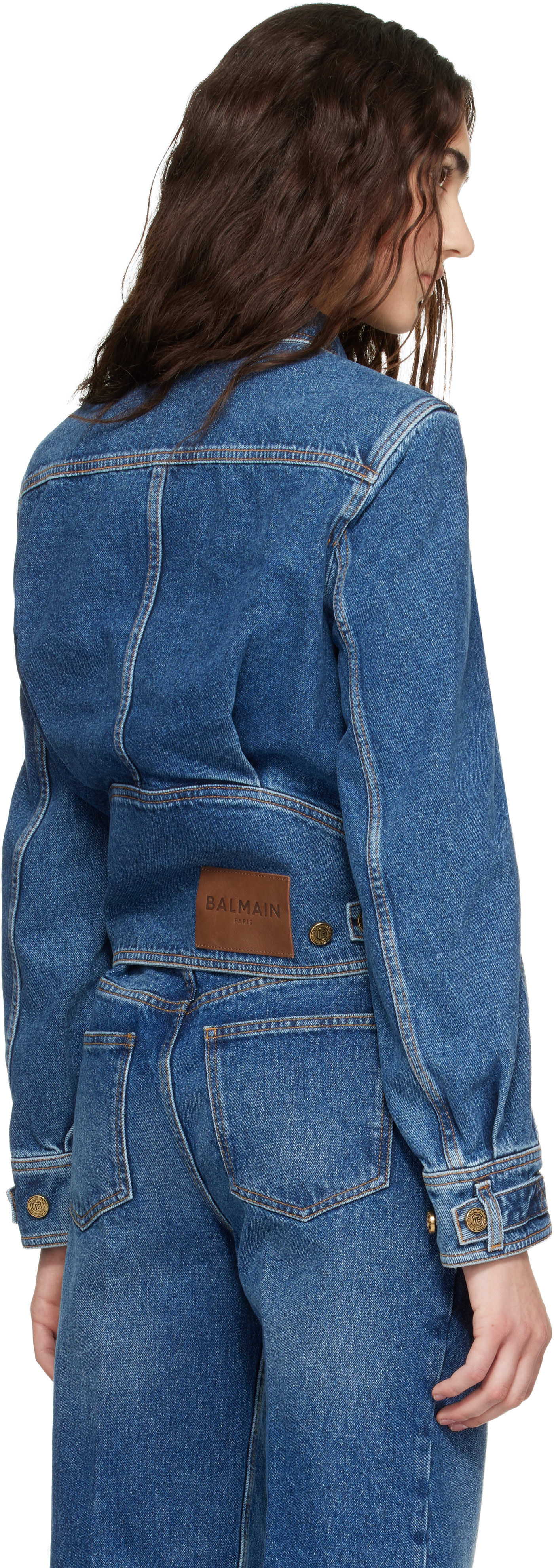 BALMAIN: Blue Cropped Denim Jacket | SSENSE Japan