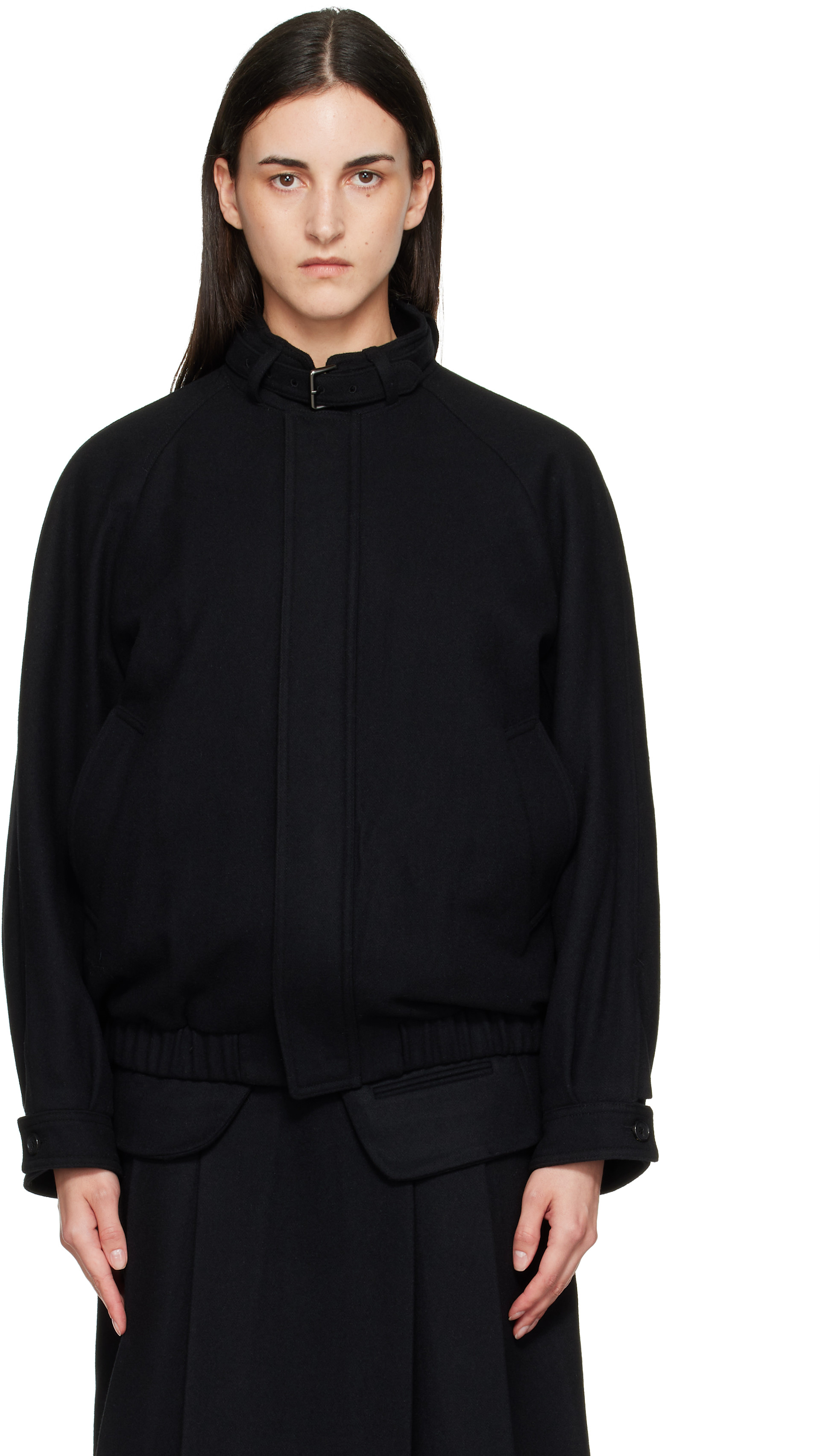 TONYWACK: Black Wool Flannel Belted Stand Collar Bomber jacket