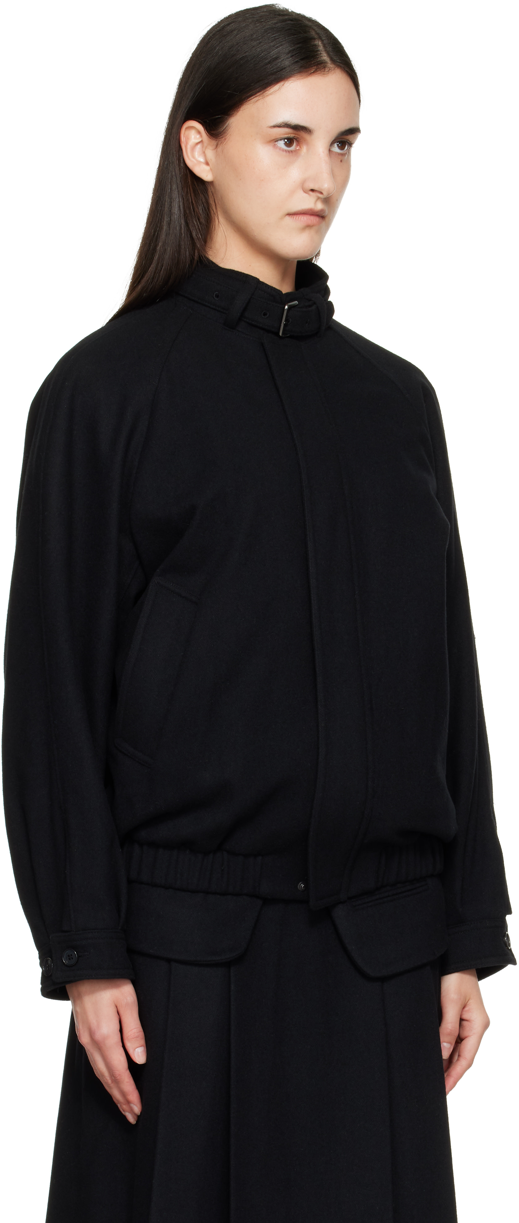 TONYWACK: Black Wool Flannel Belted Stand Collar Bomber jacket