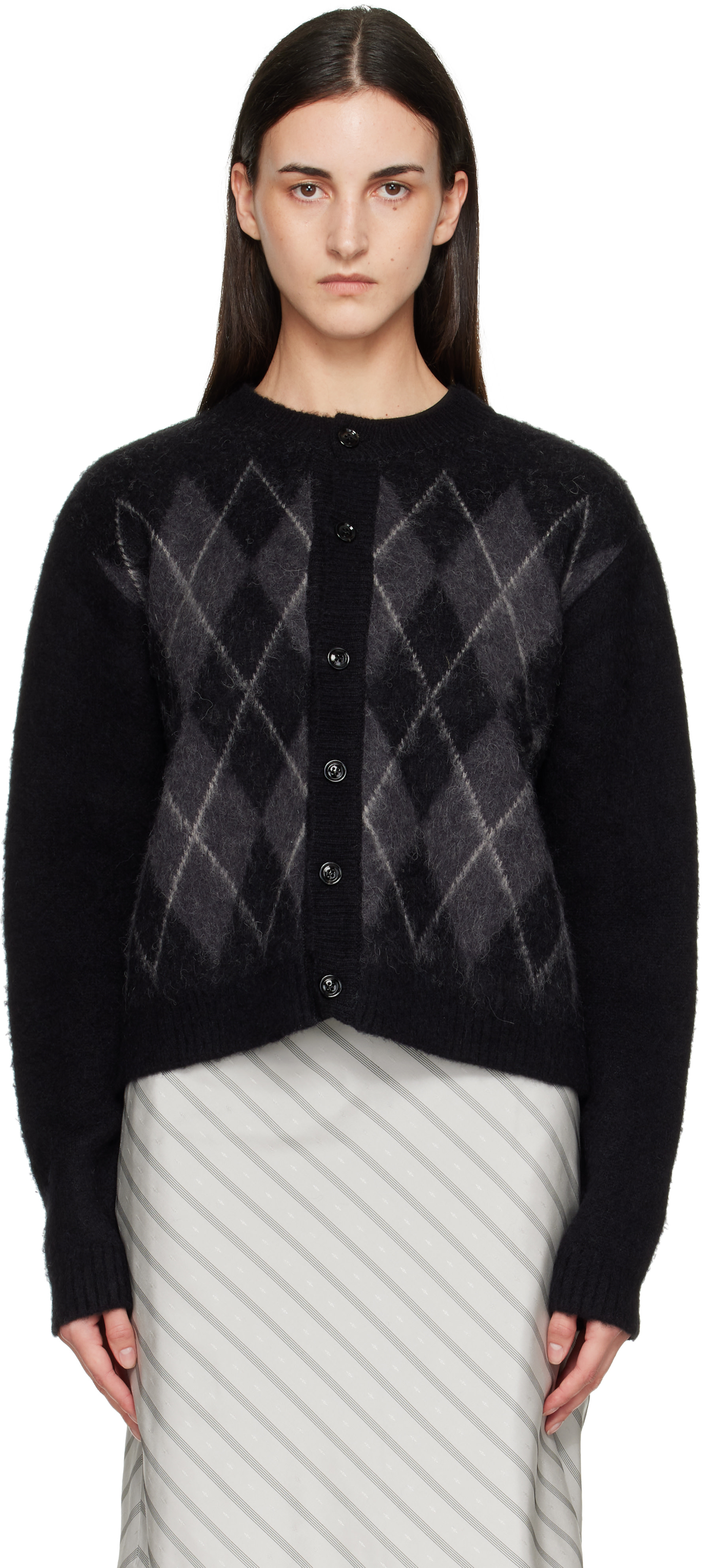 TONYWACK: Black Brushed Argyle Cardigan | SSENSE