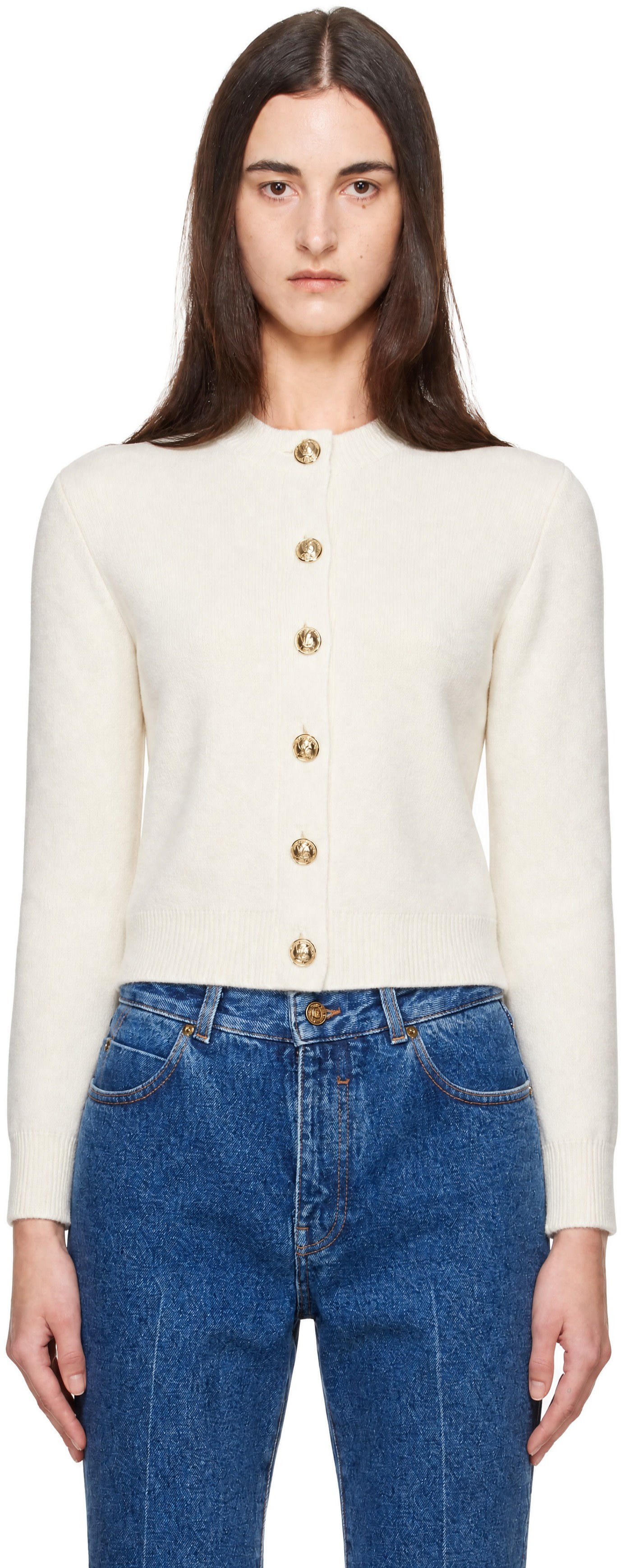 BALMAIN: Off-White Buttoned Round Collar Cashmere Cardigan | SSENSE