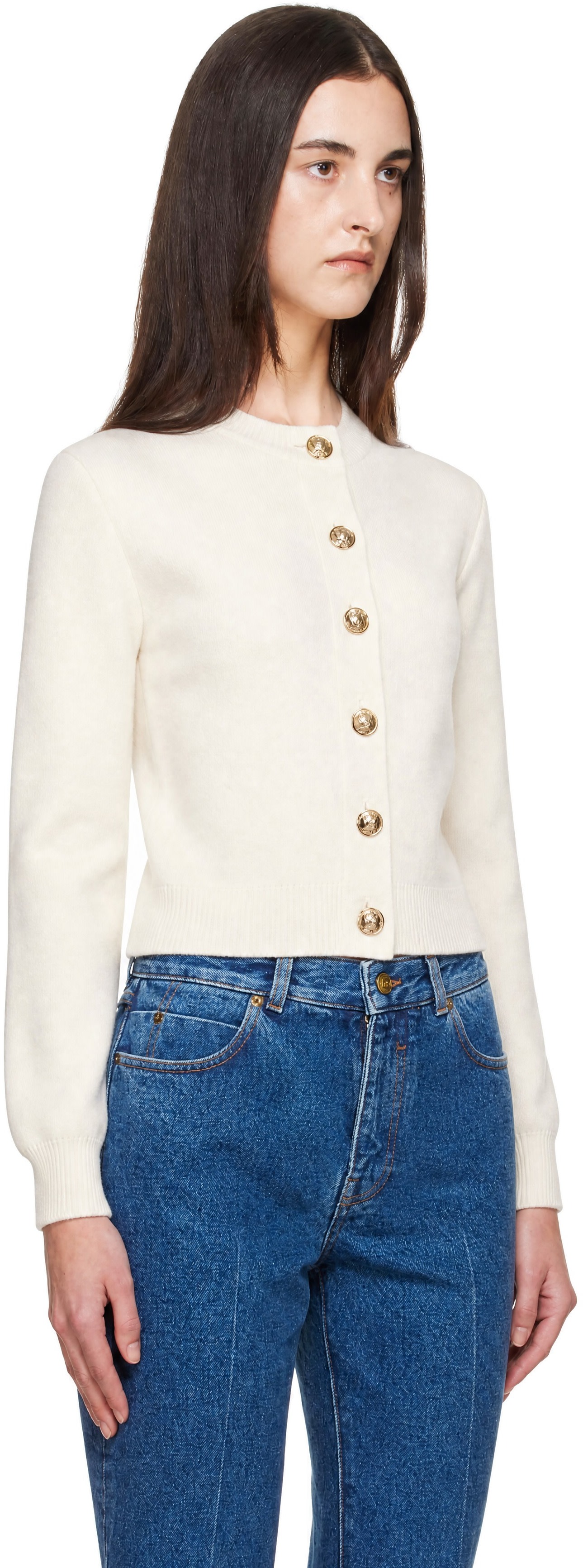Balmain: オフホワイト Buttoned ラウンドカラー カシミヤ