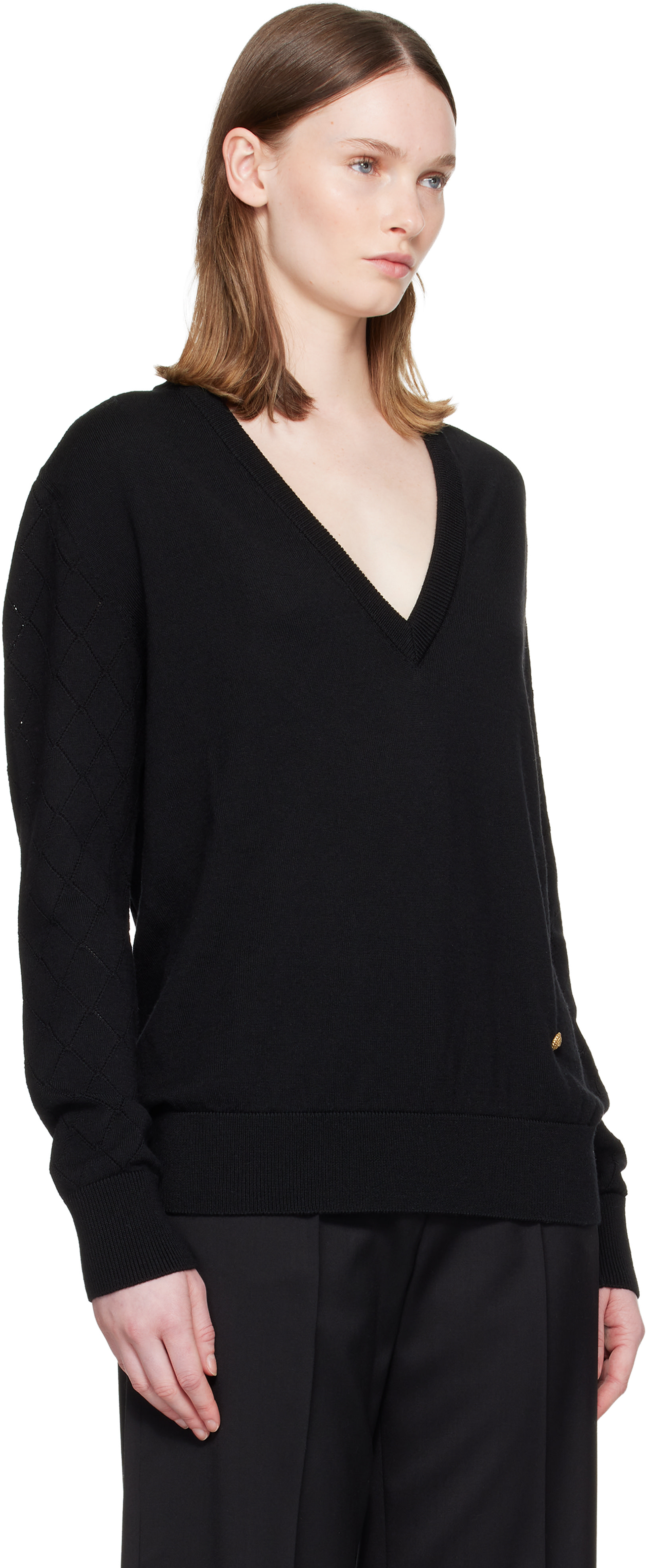 Balmain - Pull noir en tricot léger à col en V